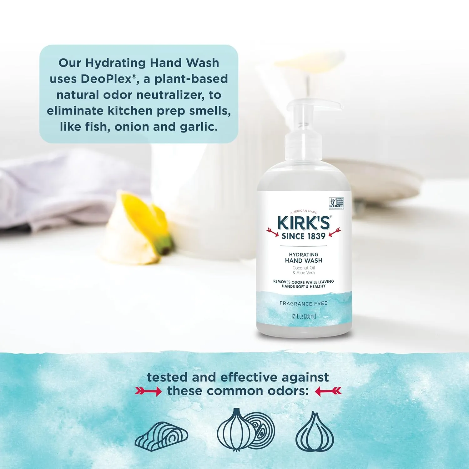 Kirk's Hydrating Hand Wash - Made with Coconut Oil and Aloe Vera, With Odor Neutralizing Technology To Help Eliminate Odors, Non-GMO, Vegan, Fragrance Free, 12 Fl Oz. 4 pack