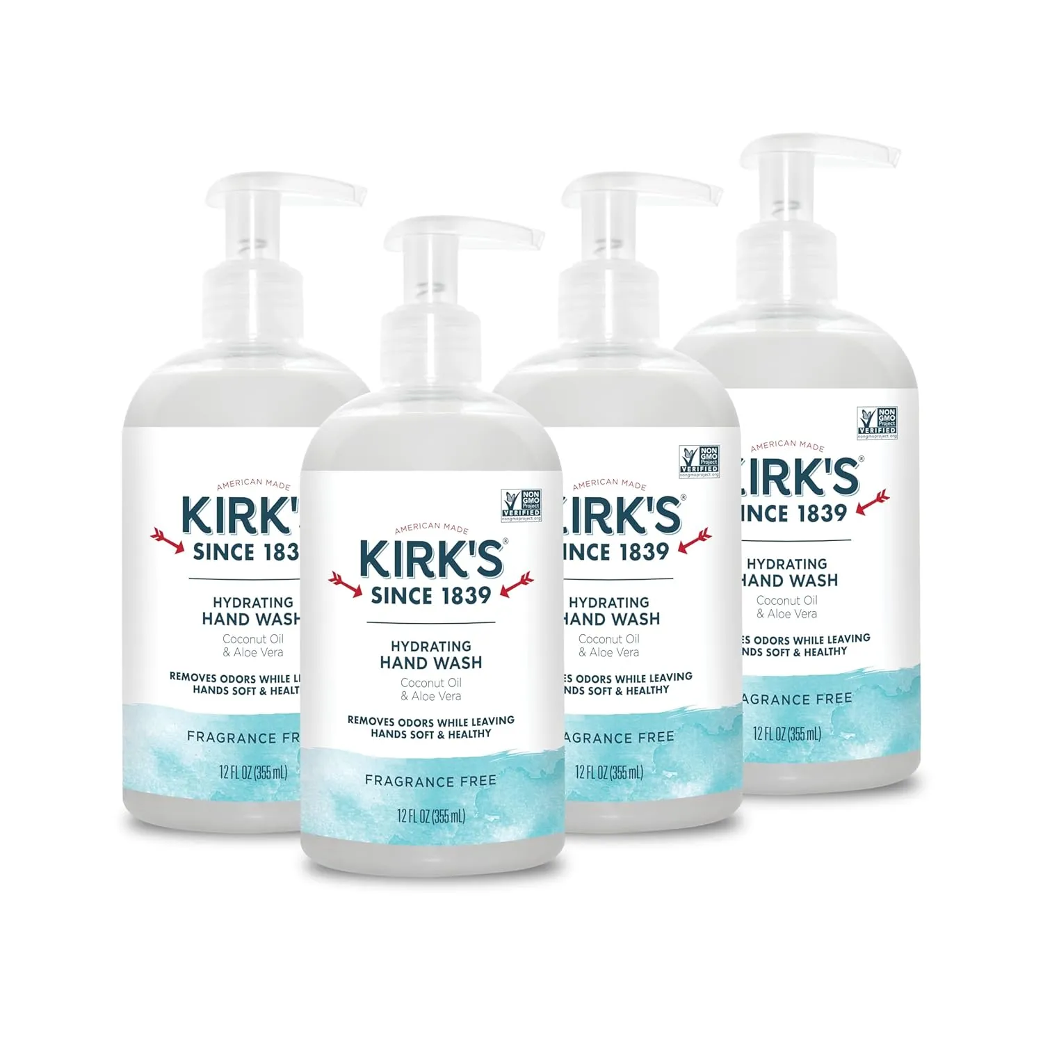 Kirk's Hydrating Hand Wash - Made with Coconut Oil and Aloe Vera, With Odor Neutralizing Technology To Help Eliminate Odors, Non-GMO, Vegan, Fragrance Free, 12 Fl Oz. 4 pack