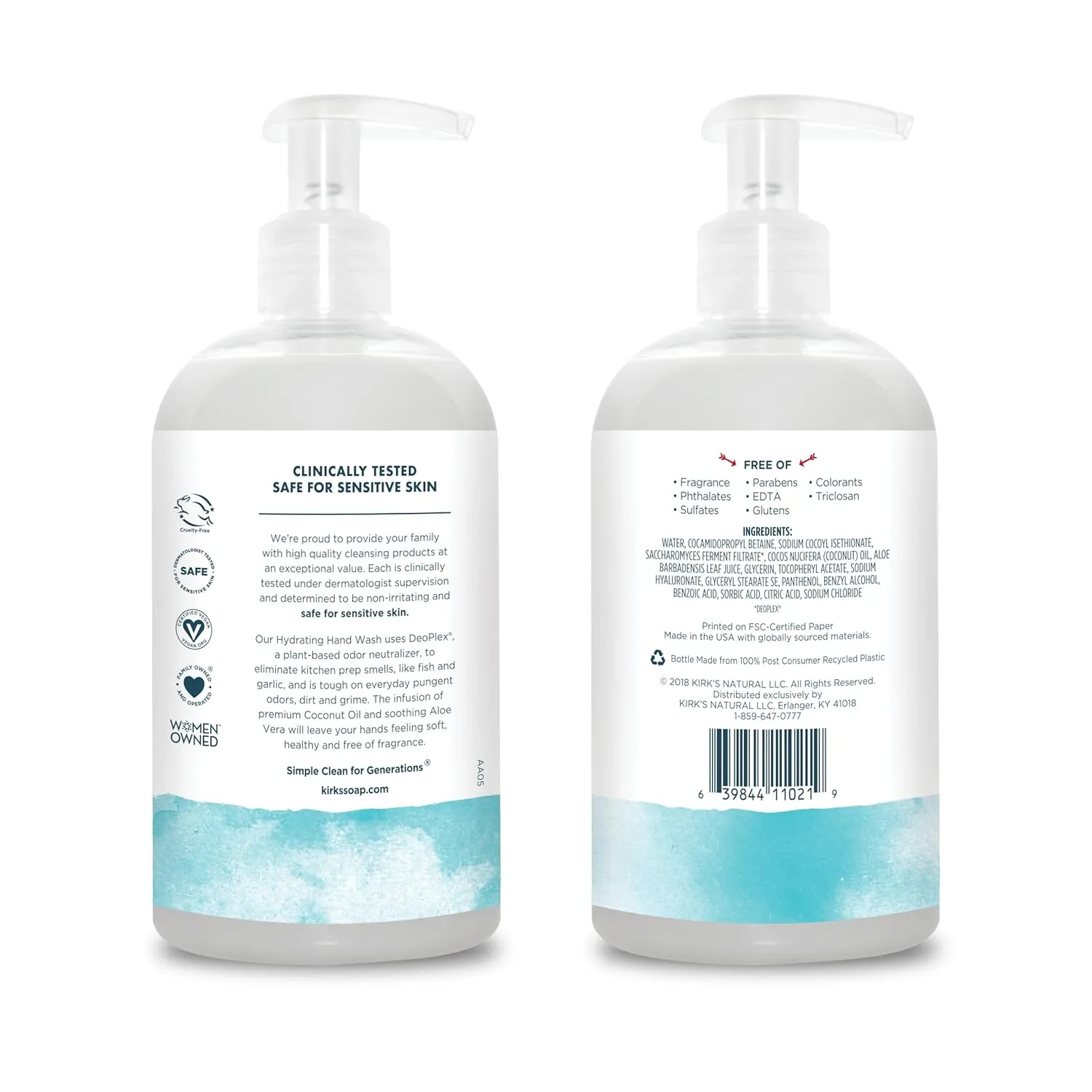 Kirk's Hydrating Hand Wash - Made with Coconut Oil and Aloe Vera, With Odor Neutralizing Technology To Help Eliminate Odors, Non-GMO, Vegan, Fragrance Free, 12 Fl Oz. 4 pack