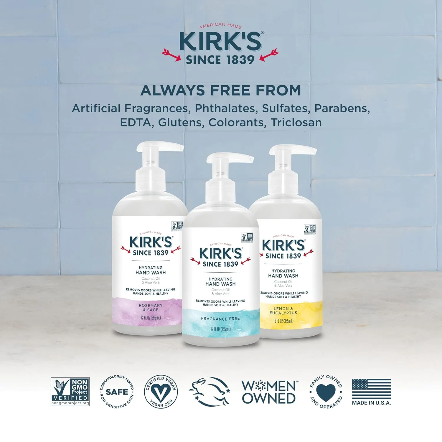 Kirk's Hydrating Hand Wash - Made with Coconut Oil and Aloe Vera, With Odor Neutralizing Technology To Help Eliminate Odors, Non-GMO, Vegan, Fragrance Free, 12 Fl Oz. 4 pack