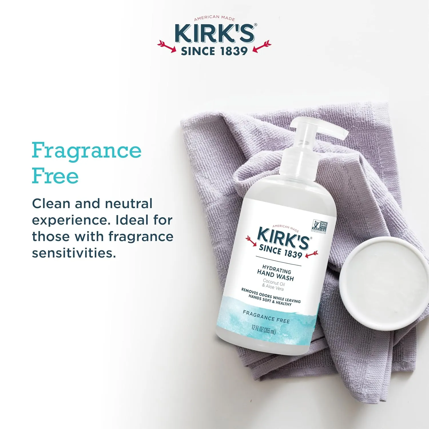 Kirk's Hydrating Hand Wash - Made with Coconut Oil and Aloe Vera, With Odor Neutralizing Technology To Help Eliminate Odors, Non-GMO, Vegan, Fragrance Free, 12 Fl Oz. 4 pack