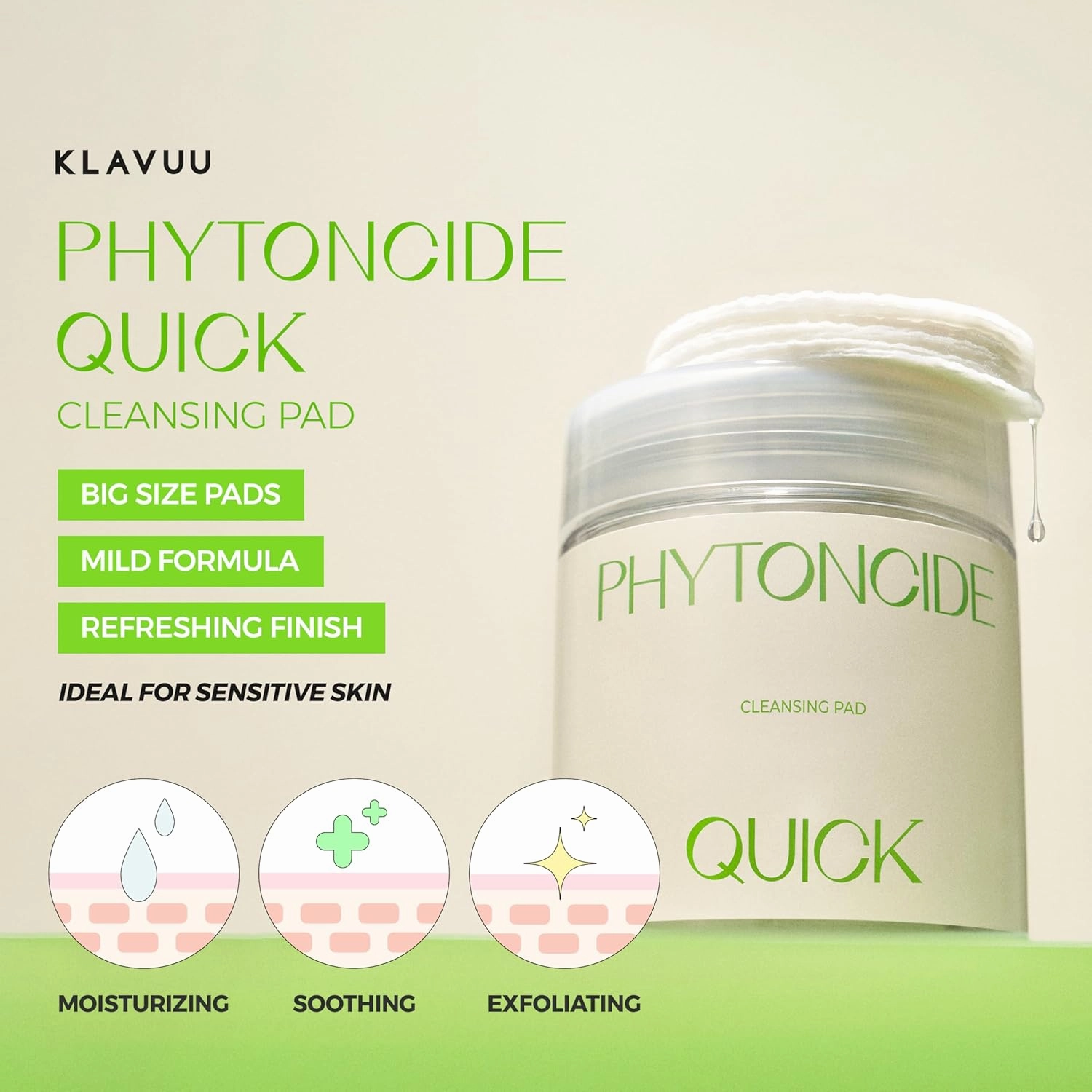 KLAVUU PHYTONCIDE QUICK CLEANSING PAD – Gentle Makeup Remover, Deep Pore Care, Soothing & Moisturizing Formula, Hypoallergenic, Ideal for Sensitive Skin - 100 Count