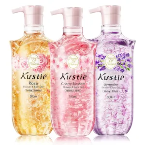 Kustie Real Flower Petal Perfume Body Wash with Essential Oils, 24H Fragrance & Deep Moisturizing Cleanse Shower Gel for Sensitive & Dry Skin with Pump Bottle, 12.8 oz, 3-Pack