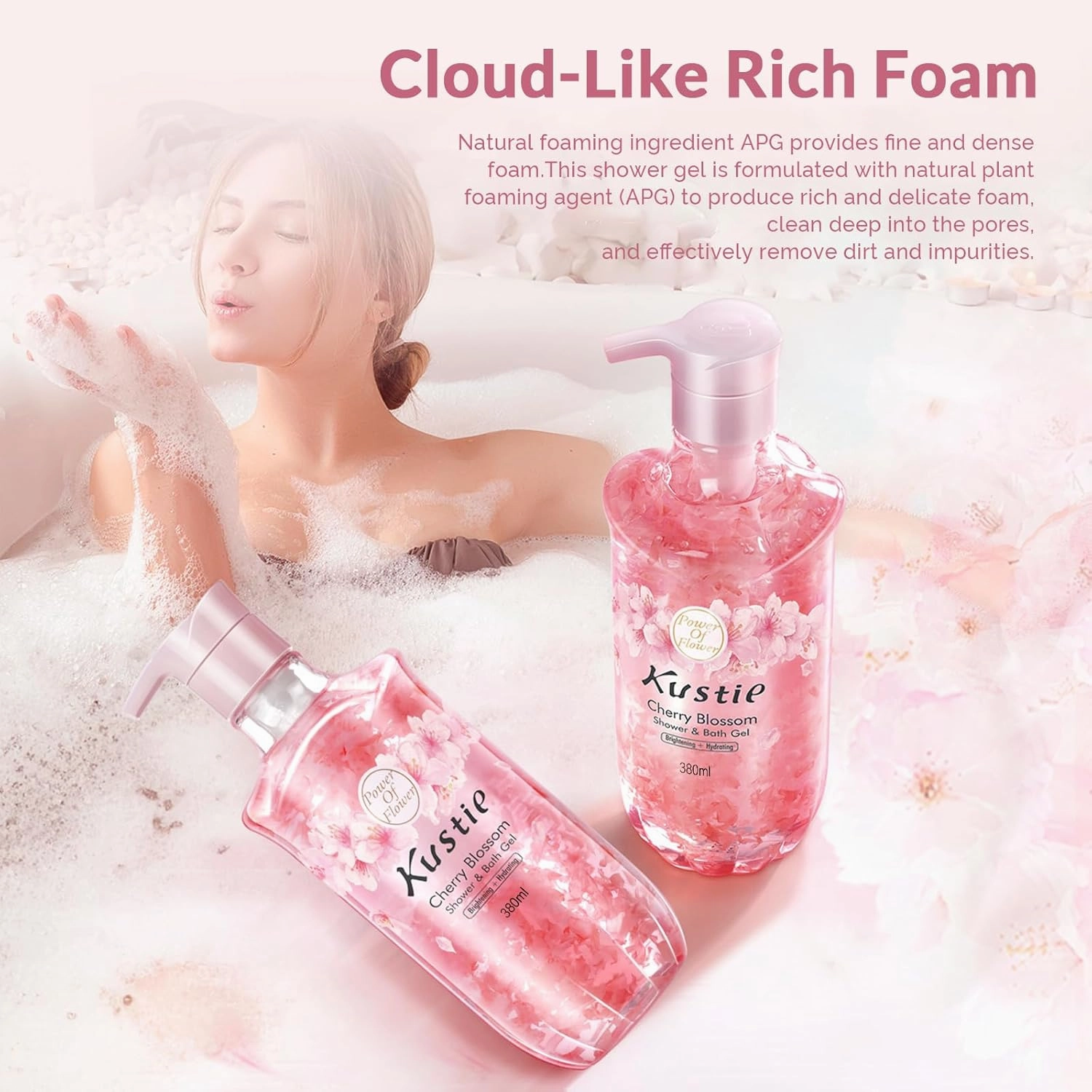 Kustie Cherry Blossom Brightening Body Wash, Natural Petals & Essential Oils - Antioxidant, 24H Fragrance & Deep Moisturizing Cleanse Shower Gel for Sensitive & Dry Skin with Pump Bottle, 12.8 Fl Oz