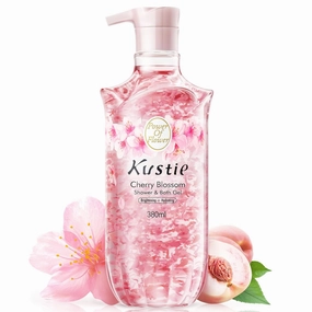 Kustie Cherry Blossom Brightening Body Wash, Natural Petals & Essential Oils - Antioxidant, 24H Fragrance & Deep Moisturizing Cleanse Shower Gel for Sensitive & Dry Skin with Pump Bottle, 12.8 Fl Oz