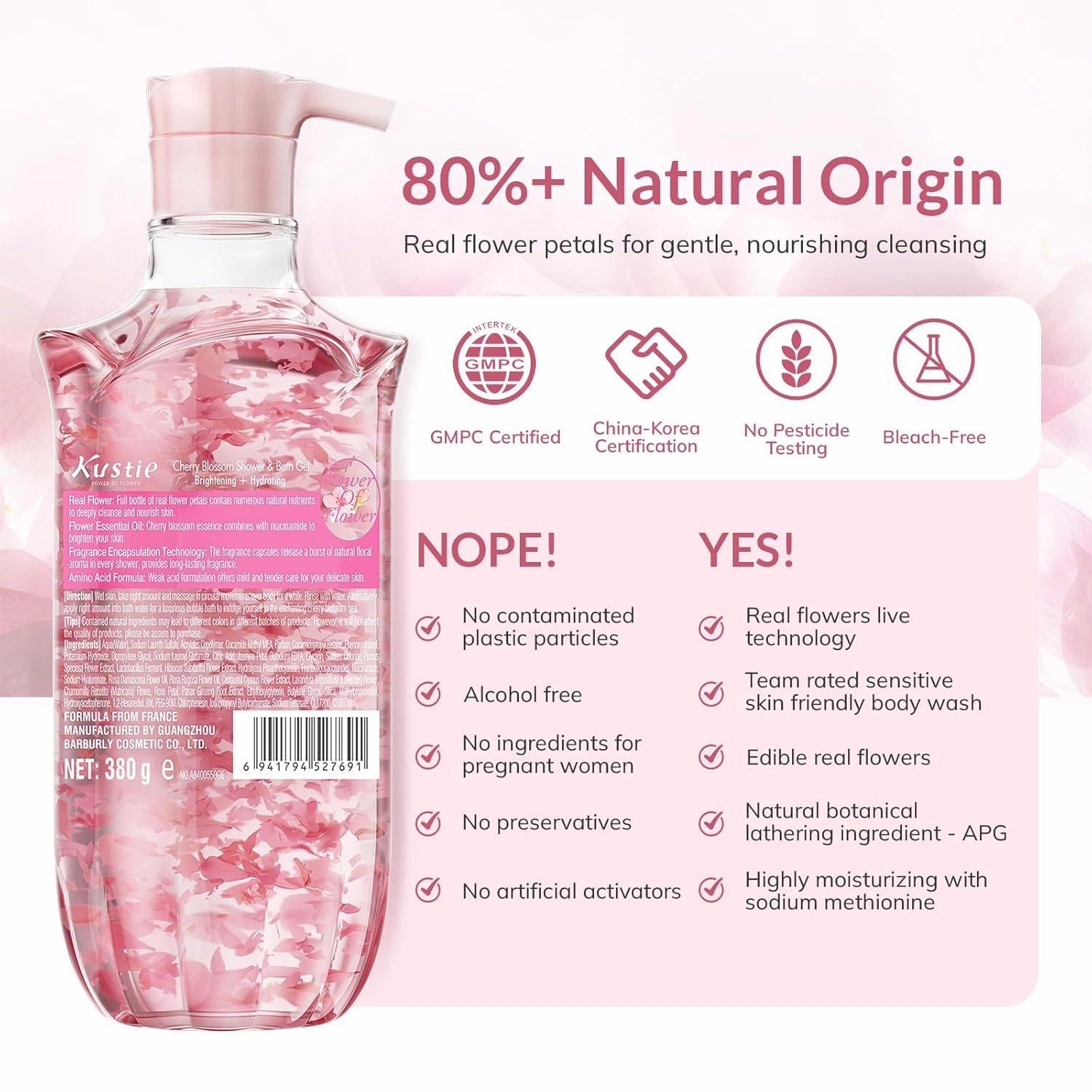 Kustie Cherry Blossom Brightening Body Wash, Natural Petals & Essential Oils - Antioxidant, 24H Fragrance & Deep Moisturizing Cleanse Shower Gel for Sensitive & Dry Skin with Pump Bottle, 12.8 Fl Oz