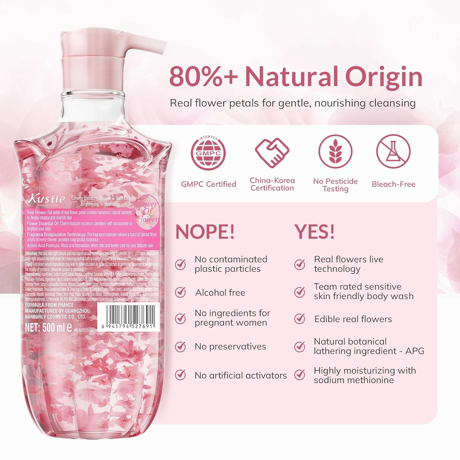 Kustie Cherry Blossom Brightening Body Wash, Natural Petals & Essential Oils - Antioxidant, 24H Fragrance & Deep Moisturizing Cleanse Shower Gel for Sensitive & Dry Skin with Pump Bottle, 16.9 Fl Oz