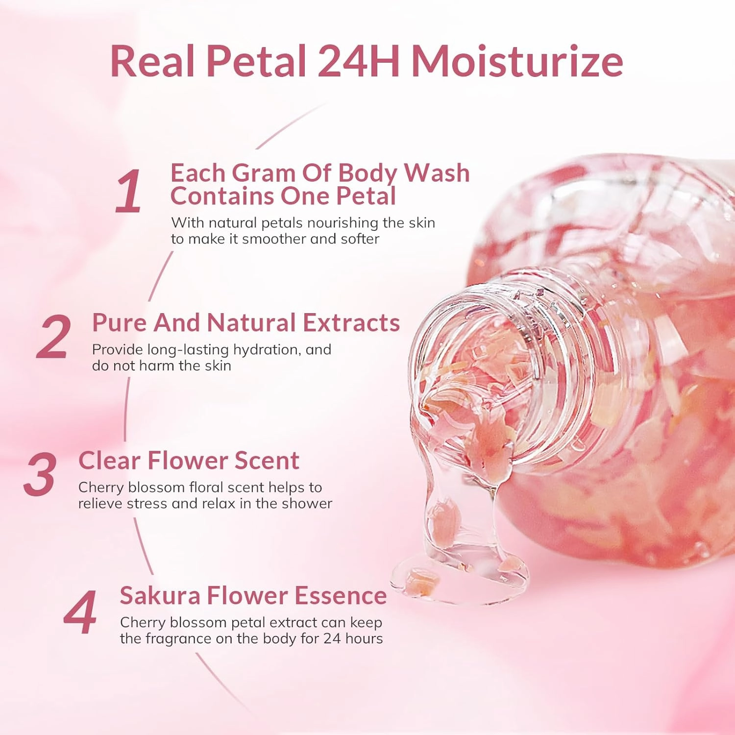 Kustie Cherry Blossom Brightening Body Wash, Natural Petals & Essential Oils - Antioxidant, 24H Fragrance & Deep Moisturizing Cleanse Shower Gel for Sensitive & Dry Skin with Pump Bottle, 16.9 Fl Oz