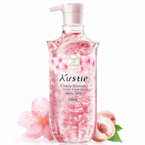 Kustie Cherry Blossom Brightening Body Wash, Natural Petals & Essential Oils - Antioxidant, 24H Fragrance & Deep Moisturizing Cleanse Shower Gel for Sensitive & Dry Skin with Pump Bottle, 16.9 Fl Oz