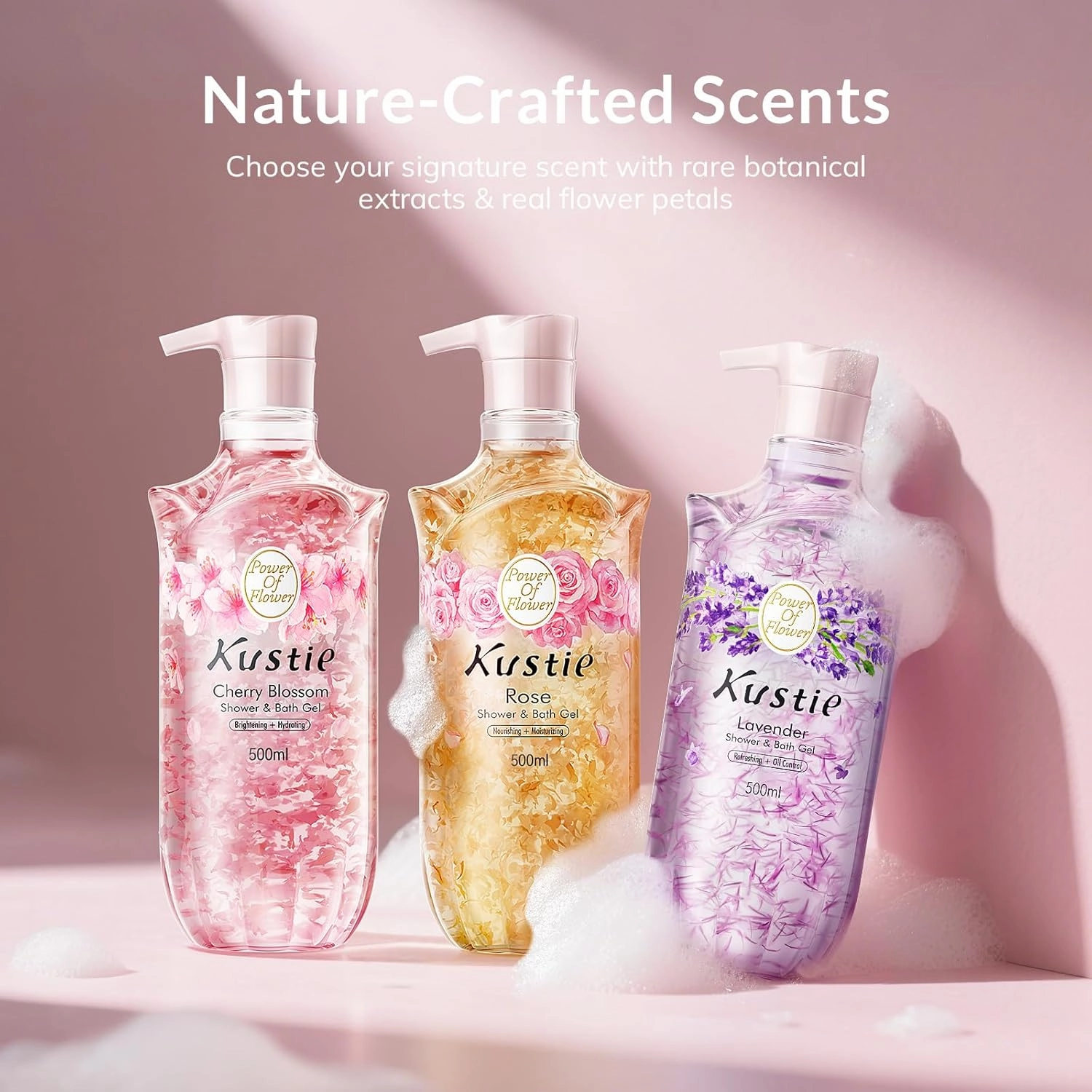 Kustie Cherry Blossom Brightening Body Wash, Natural Petals & Essential Oils - Antioxidant, 24H Fragrance & Deep Moisturizing Cleanse Shower Gel for Sensitive & Dry Skin with Pump Bottle, 16.9 Fl Oz