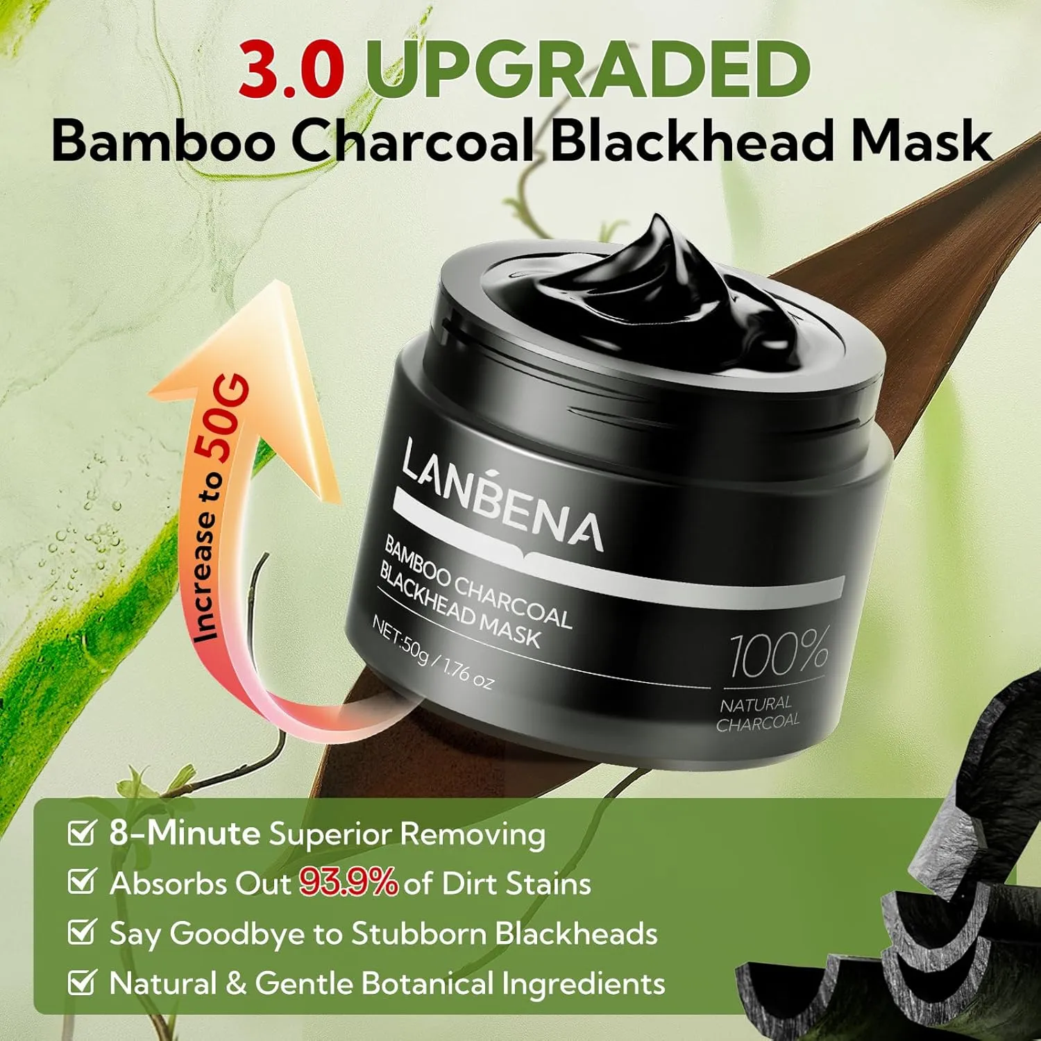 LANBENA 3.0 Bamboo Charcoal Blackhead Remover Mask, 50g/1.76 oz, 120  pcs Nose Pore Strips, Peel off Face Mask Whiteheads Cleanser Strawberry Nose Purifying, with Amazonian White Clay