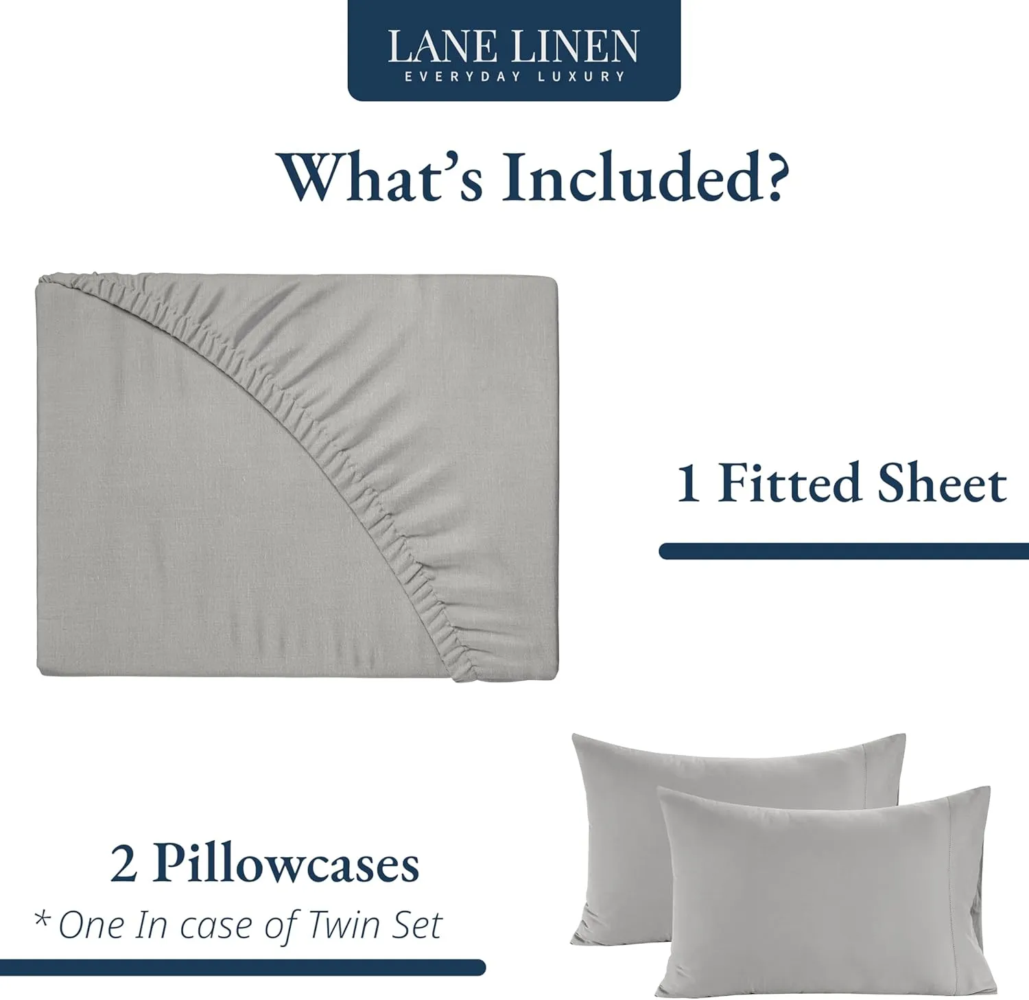 LANE LINEN King Fitted Sheet, 100% Organic Cotton, 3-Piece Set (1 Fitted Sheet,2 Pillowcases), Percale Weave, Ultra Soft, Breathable,Fits Mattress Upto 15" Deep - Silver (No Flat Sheet)