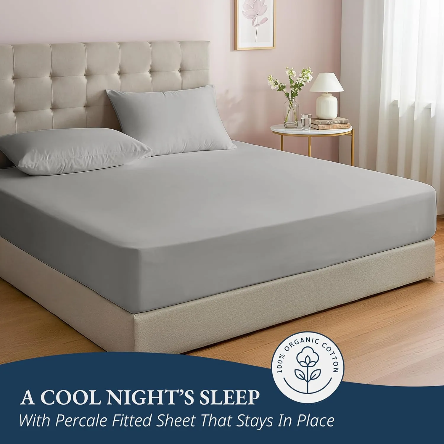 LANE LINEN King Fitted Sheet, 100% Organic Cotton, 3-Piece Set (1 Fitted Sheet,2 Pillowcases), Percale Weave, Ultra Soft, Breathable,Fits Mattress Upto 15" Deep - Silver (No Flat Sheet)