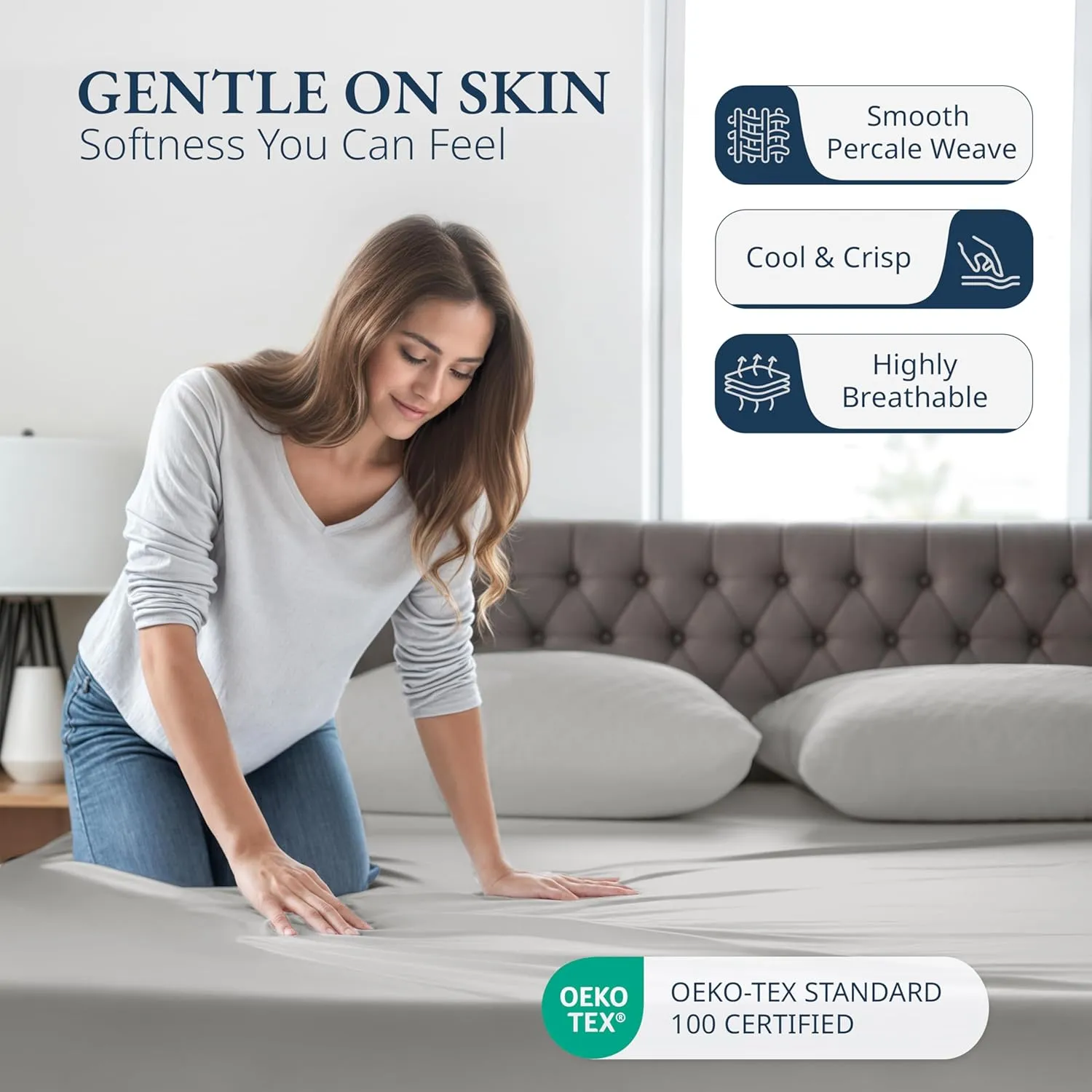 LANE LINEN King Fitted Sheet, 100% Organic Cotton, 3-Piece Set (1 Fitted Sheet,2 Pillowcases), Percale Weave, Ultra Soft, Breathable,Fits Mattress Upto 15" Deep - Silver (No Flat Sheet)