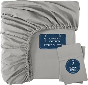 LANE LINEN King Fitted Sheet, 100% Organic Cotton, 3-Piece Set (1 Fitted Sheet,2 Pillowcases), Percale Weave, Ultra Soft, Breathable,Fits Mattress Upto 15" Deep - Silver (No Flat Sheet)