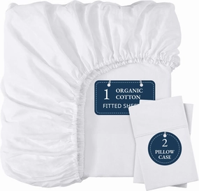 LANE LINEN 100% Organic Cotton Fitted Sheet Queen, 15" Deep Pocket Snug Fit Fully Elasticized Naturally Temperature Regulating Soft & Comfy Deep Pocket Queen Fitted Sheet -White ( Pillowcases)