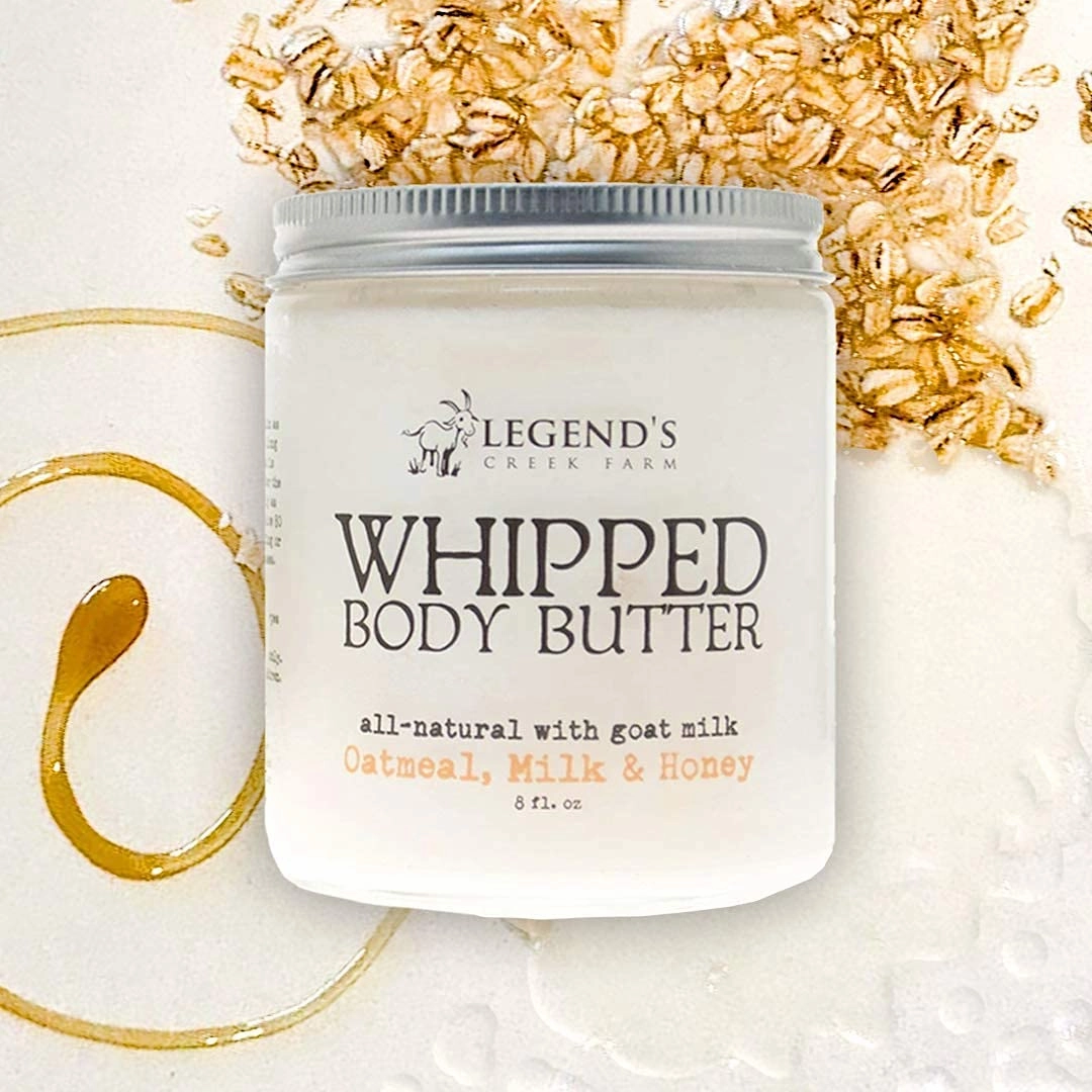Legend's Creek Farm, Whipped Goat Milk Body Butter, Hydrating Moisturizer with Organic Shea Butter & Grape Seed Oil, Purifying & Toning, Handmade in USA, 8 Oz Jar (Oatmeal, Milk & Honey B.B.)