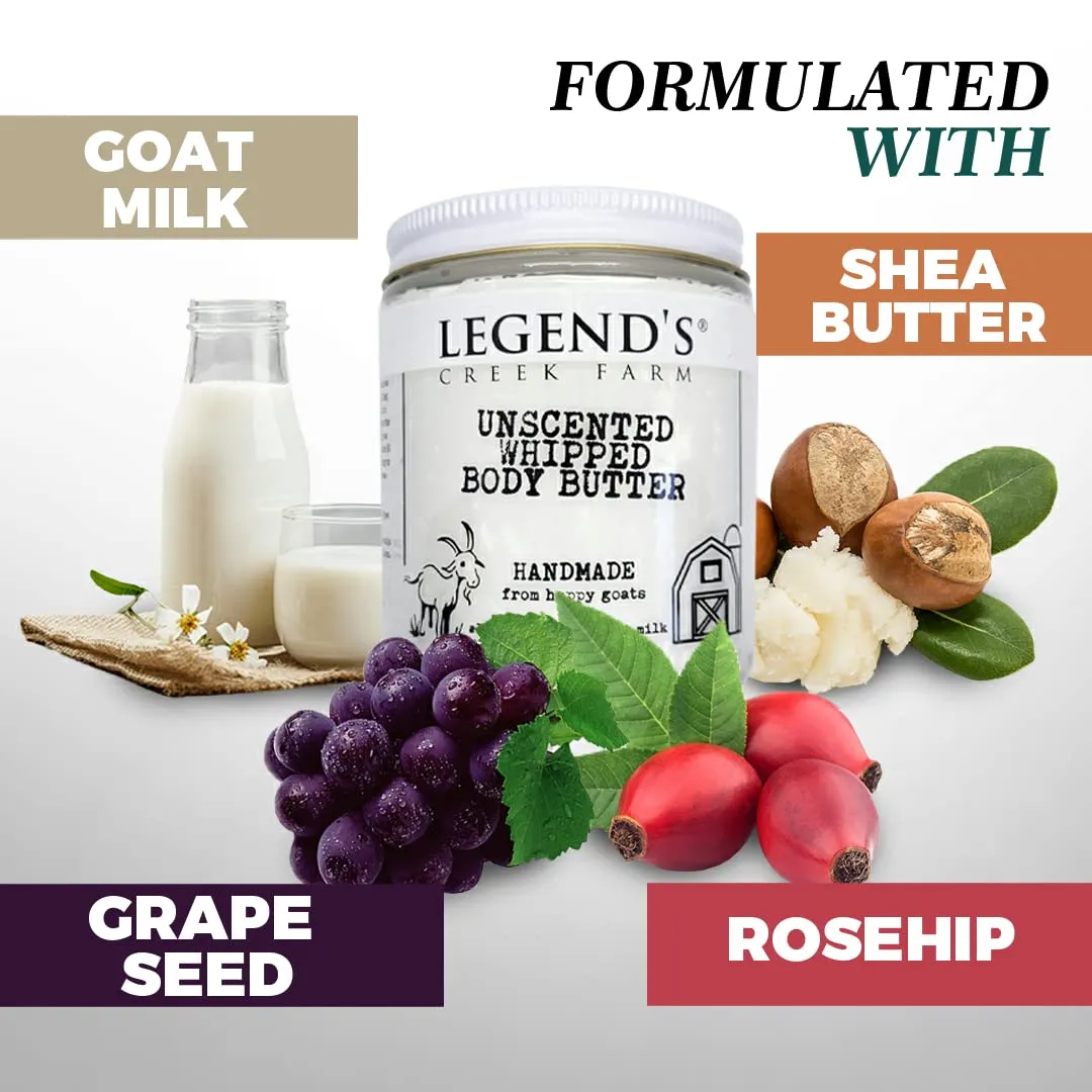 Legend's Creek Farm, Goat Milk Body Butter - Hydrating Natural Body Moisturizer with Organic Shea Butter & Grape Seed Oil - 8 Oz Purifying & Toning Whipped Body Butter (Unscented)