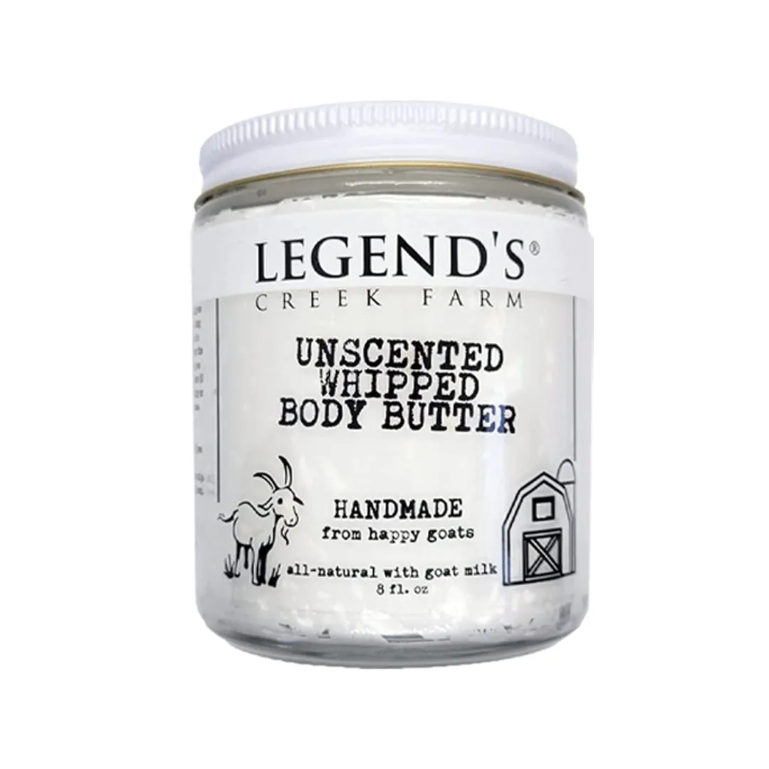 Legend's Creek Farm, Goat Milk Body Butter - Hydrating Natural Body Moisturizer with Organic Shea Butter & Grape Seed Oil - 8 Oz Purifying & Toning Whipped Body Butter (Unscented)