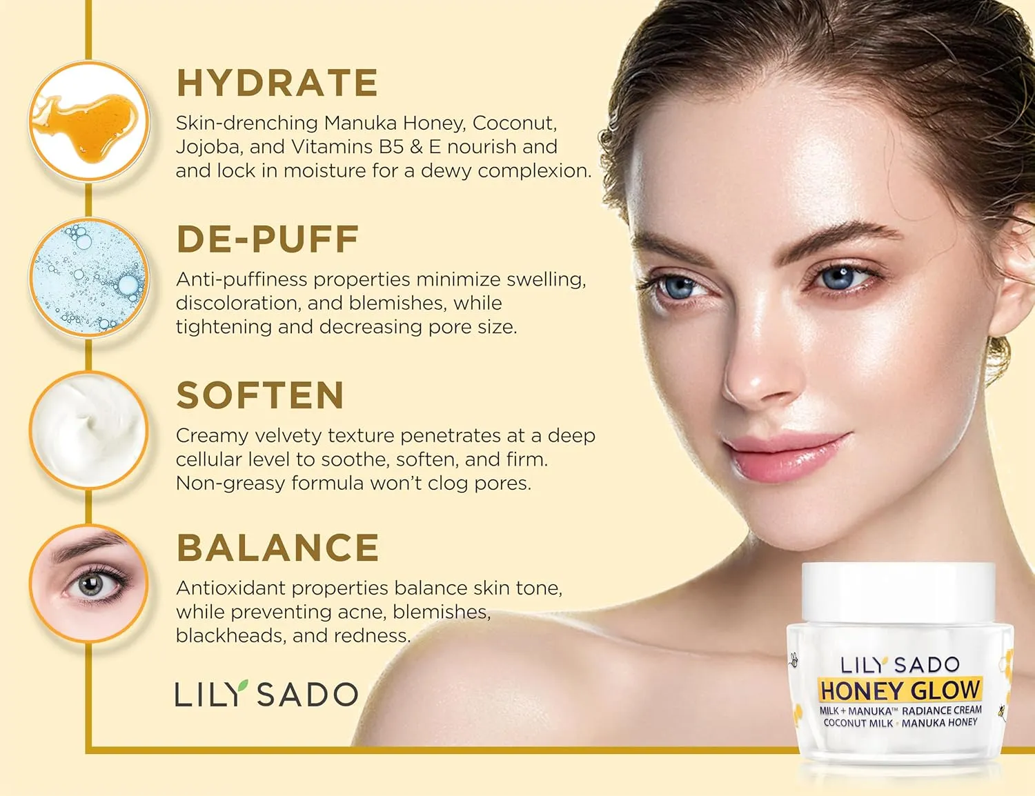 LILY SADO HONEY GLOW Radiance Cream Face Moisturizer - Natural Daily Facial Lotion w Manuka Honey, Coconut, Apricot, Gotu Kola, and VITS B5 & E - Amazing Anti Aging Formula. 2 oz