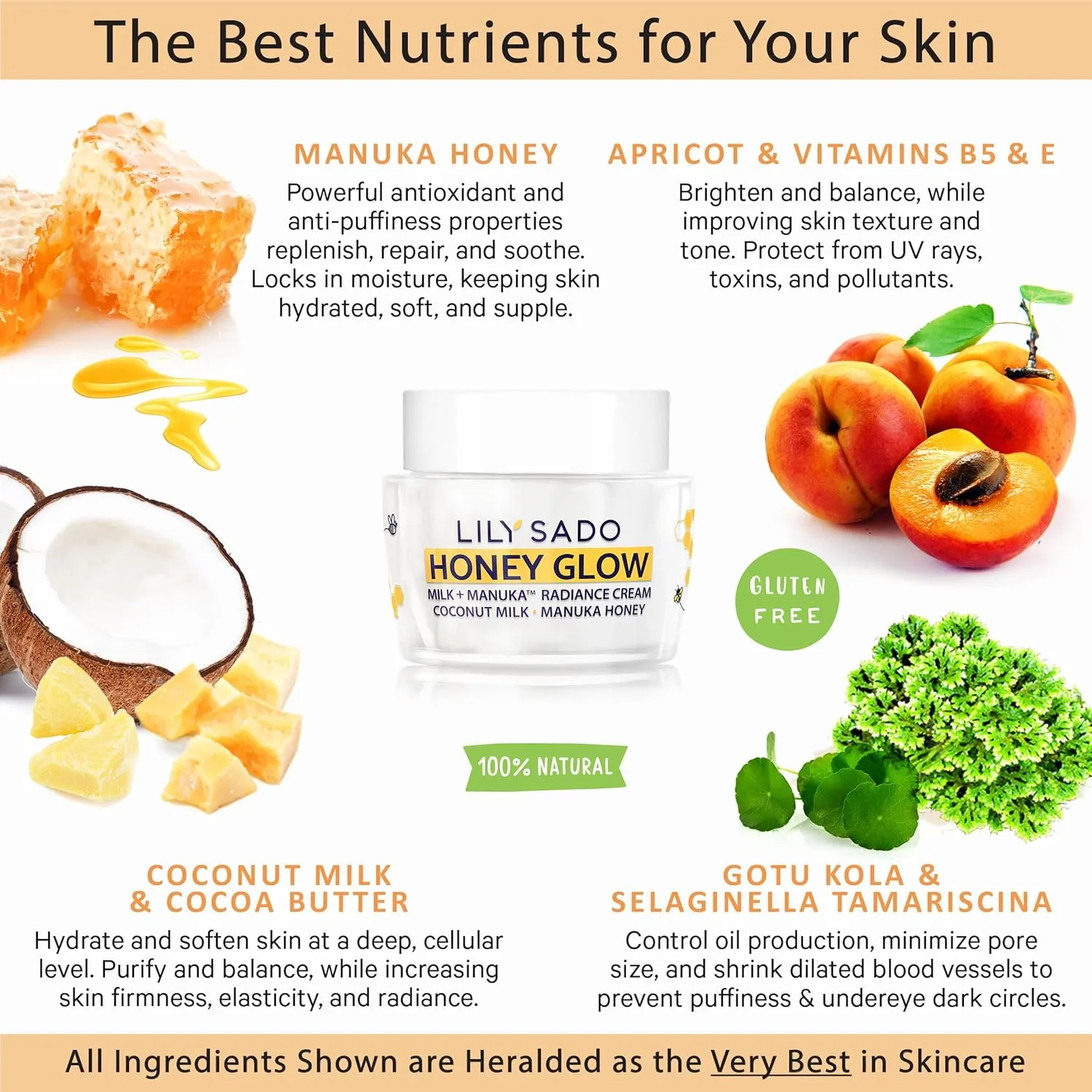 LILY SADO HONEY GLOW Radiance Cream Face Moisturizer - Natural Daily Facial Lotion w Manuka Honey, Coconut, Apricot, Gotu Kola, and VITS B5 & E - Amazing Anti Aging Formula. 2 oz