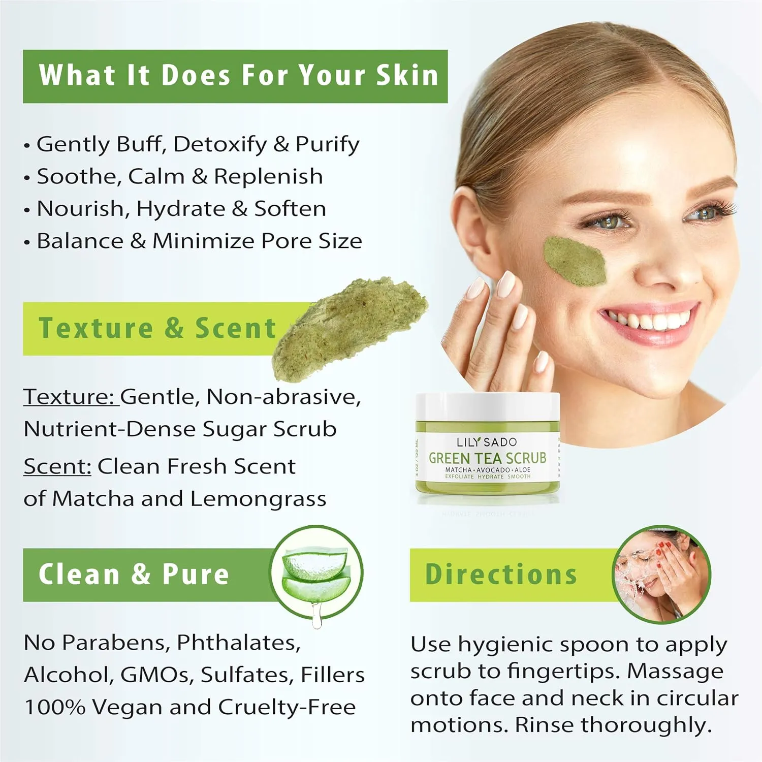 LILY SADO Matcha Made in Heaven Sugar Facial Scrub - Best Daily Facial Exfoliating Cleanser for Women & Men - Vegan Face Wash Exfoliates Skin, Treats Acne, Reduces Pore Size - 4 oz