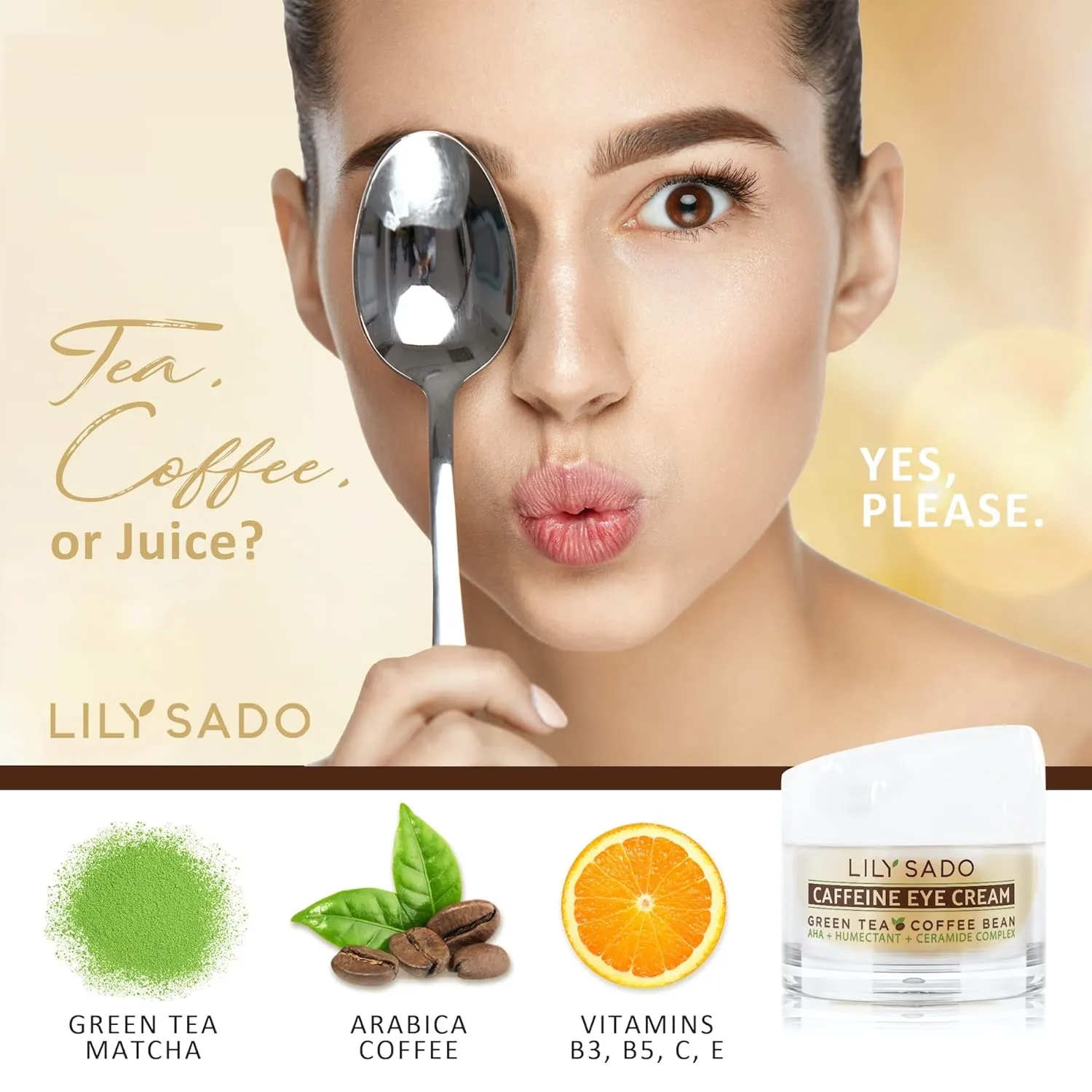 LILY SADO TEA C™ Coffee & Matcha Caffeine EYE CREAM - Anti-aging Vegan Natural Eye Repair Moisturizer Lotion w Arabica Coffee Beans   Green Tea - Prevents Undereye Wrinkles, Puffiness, Dark Circles