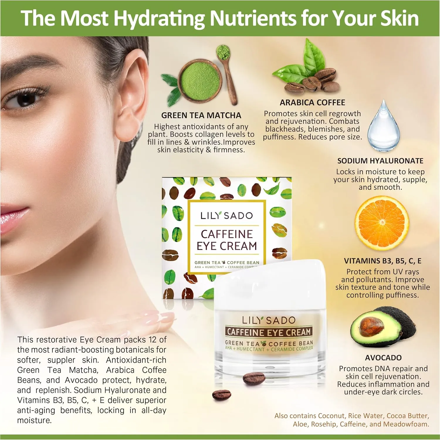 LILY SADO TEA C™ Coffee & Matcha Caffeine EYE CREAM - Anti-aging Vegan Natural Eye Repair Moisturizer Lotion w Arabica Coffee Beans   Green Tea - Prevents Undereye Wrinkles, Puffiness, Dark Circles