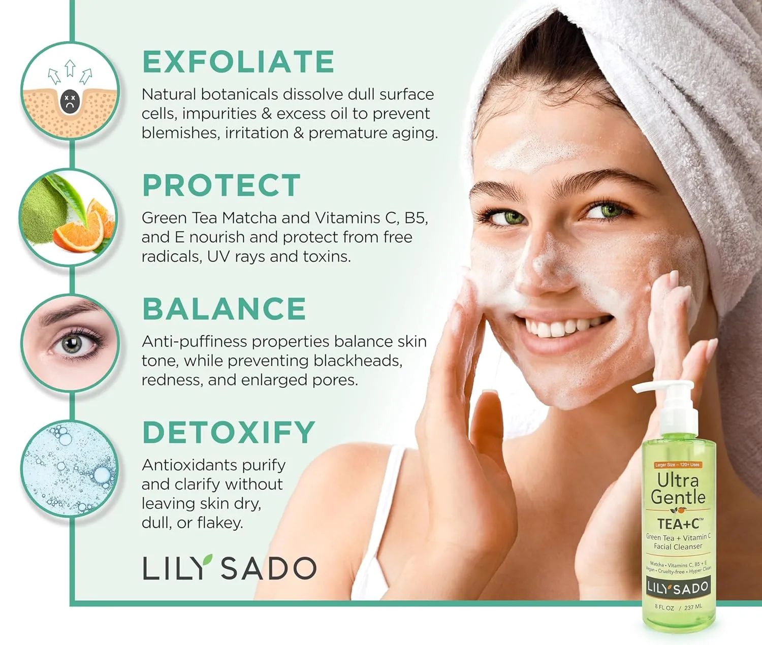LILY SADO TEA C™ Green Tea & Vitamin C Face Cleanser – Natural Vegan Antioxidant Daily Face Wash with Aloe, Rosehip, Meadowfoam - Gentle Deep Cleansing for Acne, Blackheads, Blemishes. 8 oz