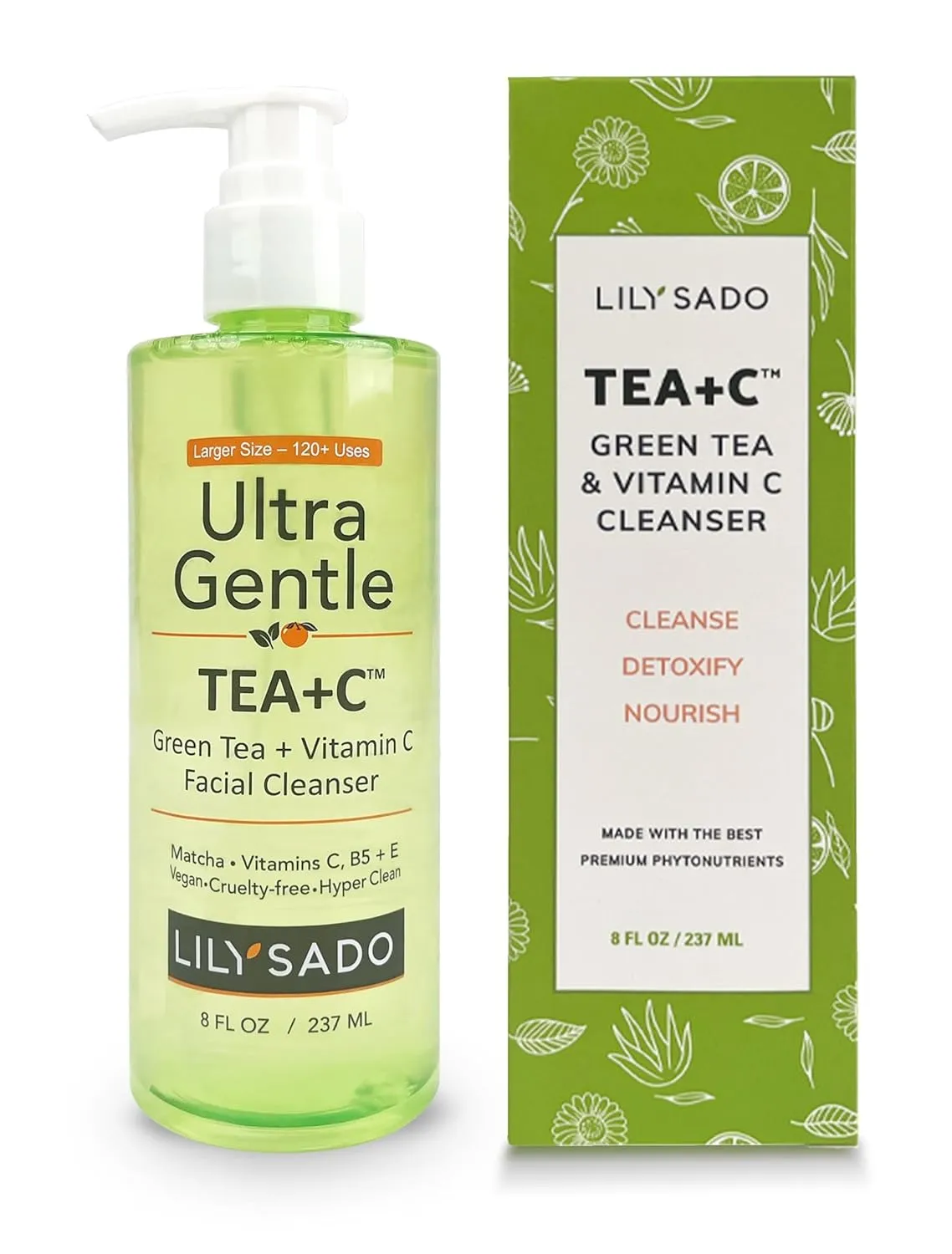 LILY SADO TEA C™ Green Tea & Vitamin C Face Cleanser – Natural Vegan Antioxidant Daily Face Wash with Aloe, Rosehip, Meadowfoam - Gentle Deep Cleansing for Acne, Blackheads, Blemishes. 8 oz