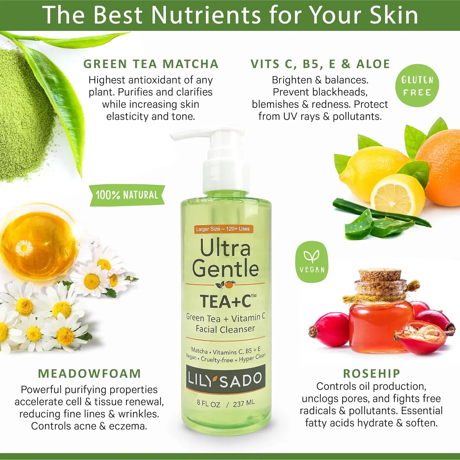 LILY SADO TEA C™ Green Tea & Vitamin C Face Cleanser – Natural Vegan Antioxidant Daily Face Wash with Aloe, Rosehip, Meadowfoam - Gentle Deep Cleansing for Acne, Blackheads, Blemishes. 8 oz