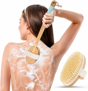 Long Handled Back Scrubber for Shower 18"" Handle Boar Bristle Back Brush – Wooden Bath Brush, Back Scrubbing Brush, Shower Brush, Body Scrub Brush, Bath Brush Long Handle for Shower by rengöra
