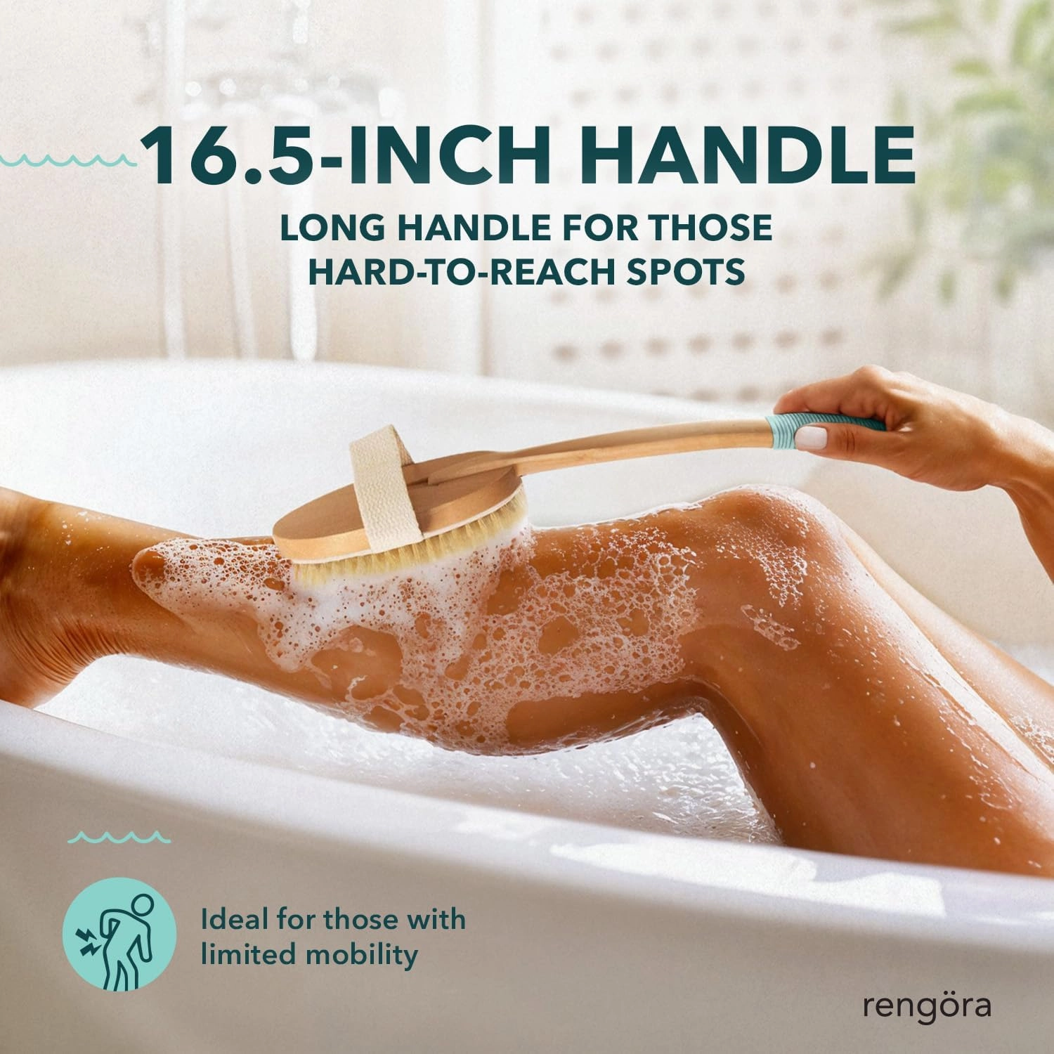 Long Handled Back Scrubber for Shower 18"" Handle Boar Bristle Back Brush – Wooden Bath Brush, Back Scrubbing Brush, Shower Brush, Body Scrub Brush, Bath Brush Long Handle for Shower by rengöra