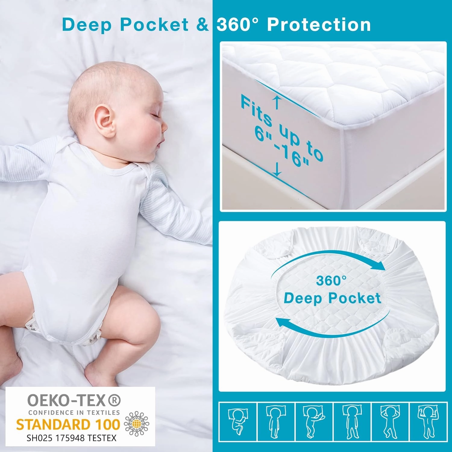 Lunsing Full Size Mattress Protector, Waterproof Breathable Noiseless Mattress Pad with Deep Pocket for 6-16 Inch Mattresses, White