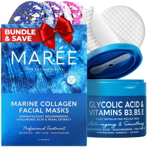 MAREE Bundle - Sheet Moisturizing Masks & Glycolic Acid Peel Pads - Collagen & Hyaluronic Acid, Salicylic Acid & Vitamins E, B3, B5 - Hydrating Skin Care Mask & Face Pads with Deep Cleaning Effect