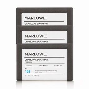 MARLOWE. No. 106 Charcoal Soap 7 oz (3 Bars) Body Bar Soap for Men, Cleansing, Purifying & Hydrating with Natural Extracts, Shea Butter, Olive Oil & Green Tea Extracts, Fresh Woodsy Scent