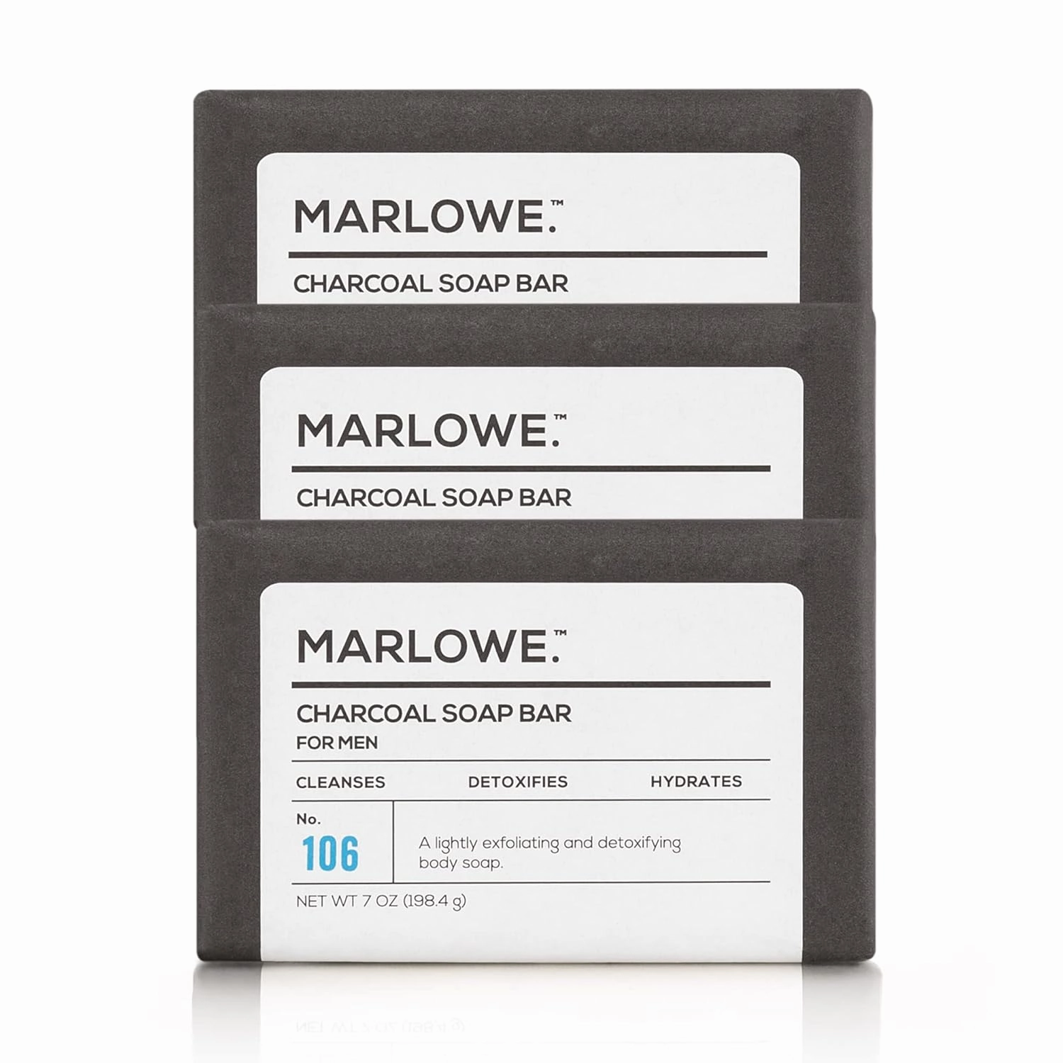 MARLOWE. No. 106 Charcoal Soap 7 oz (3 Bars) Body Bar Soap for Men, Cleansing, Purifying & Hydrating with Natural Extracts, Shea Butter, Olive Oil & Green Tea Extracts, Fresh Woodsy Scent