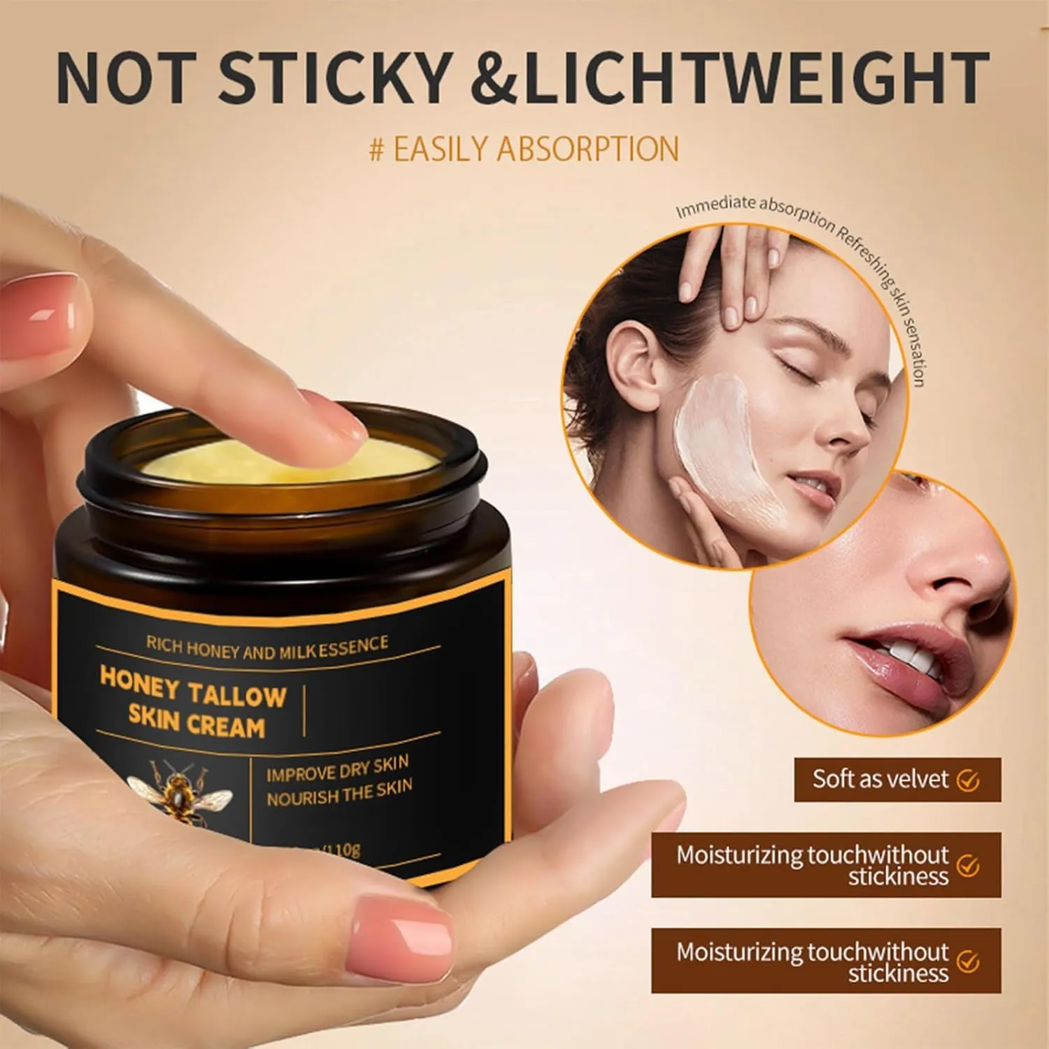 Marroomi Tallow Honey Balm, Tallow and Honey Balm for Face, 100% Organic Whipped Beef Tallows Face Moisturizer with Raw Honeys and Beeswax, Deep Nourishing (1Pcs)