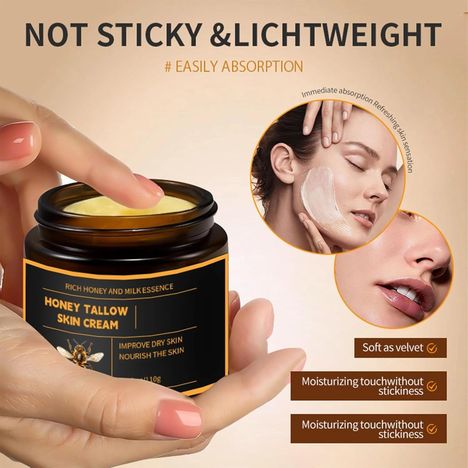 Marroomi Tallow Honey Balm, Tallow and Honey Balm for Face, 100% Organic Whipped Beef Tallows Face Moisturizer with Raw Honeys and Beeswax, Deep Nourishing (3Pcs)
