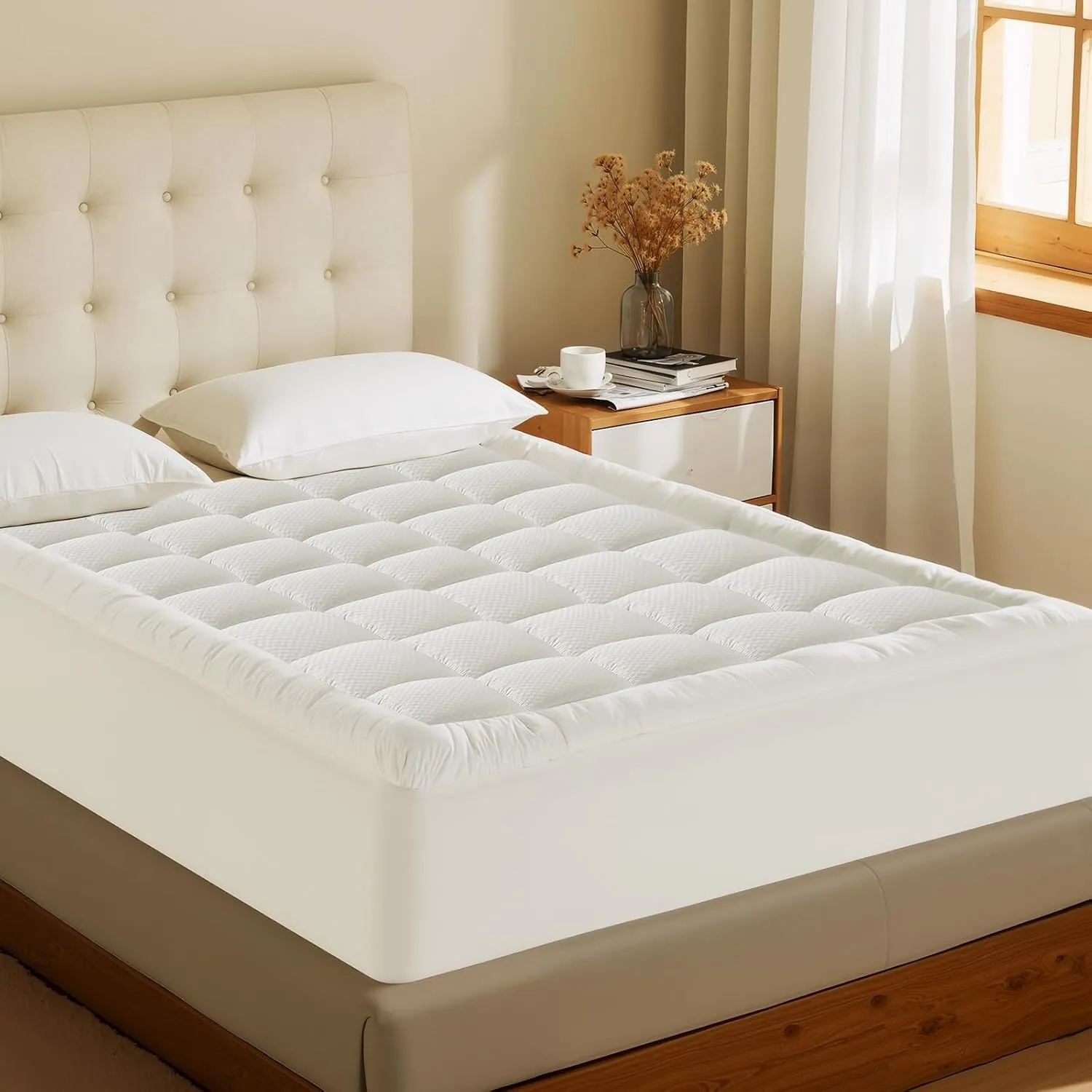 MATBEBY Olympic Super Queen Size Mattress Pad - Cooling Breathable Mattress Topper, Quilted Fitted Mattress Protector, Pillow Top Mattress Cover with 8-21" Deep Pocket, Soft, Machine Washable, White