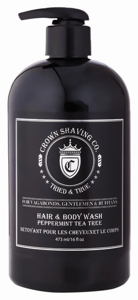Men's Hair & Body Wash16oz (473ml) - Crown Shaving Co - Peppermint and Tea Tree Oil Soothing and Hydrating Mens Hair and Body Wash