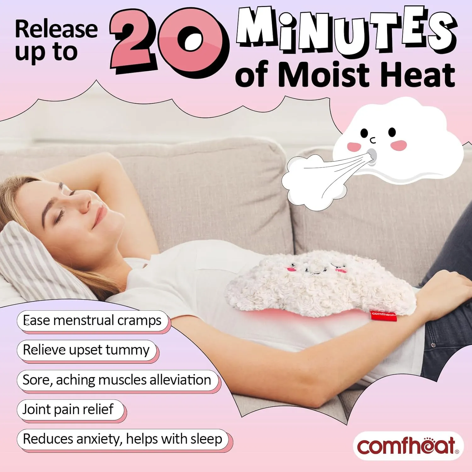 Microwave Unscented Heating Pad for Pain Relief, Moist Heat Pack Hot Compress for Period Cramps, Shoulder, Muscles, Cute Cloud Plush Heating Pad, Gift for Girl Women Kids, with Washable Cover
