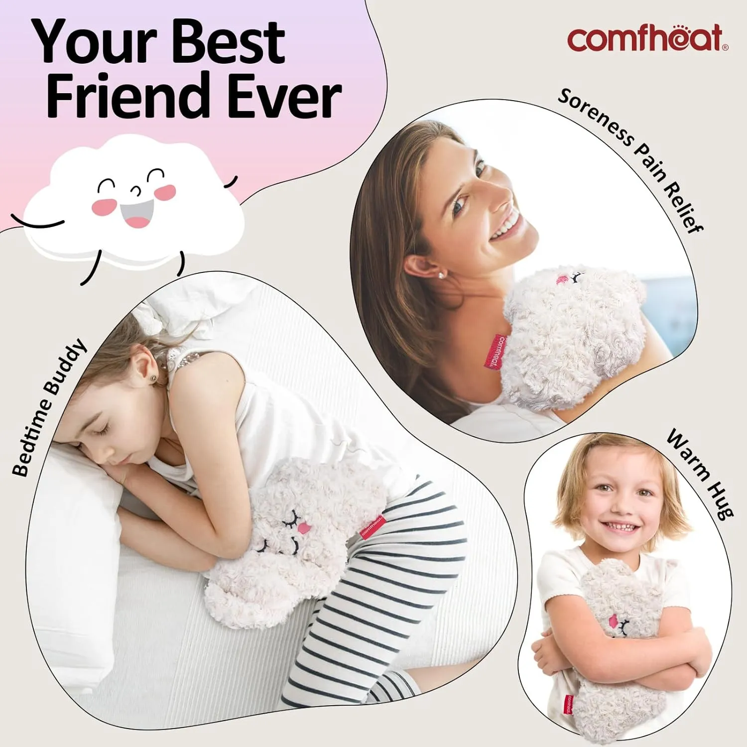 Microwave Unscented Heating Pad for Pain Relief, Moist Heat Pack Hot Compress for Period Cramps, Shoulder, Muscles, Cute Cloud Plush Heating Pad, Gift for Girl Women Kids, with Washable Cover