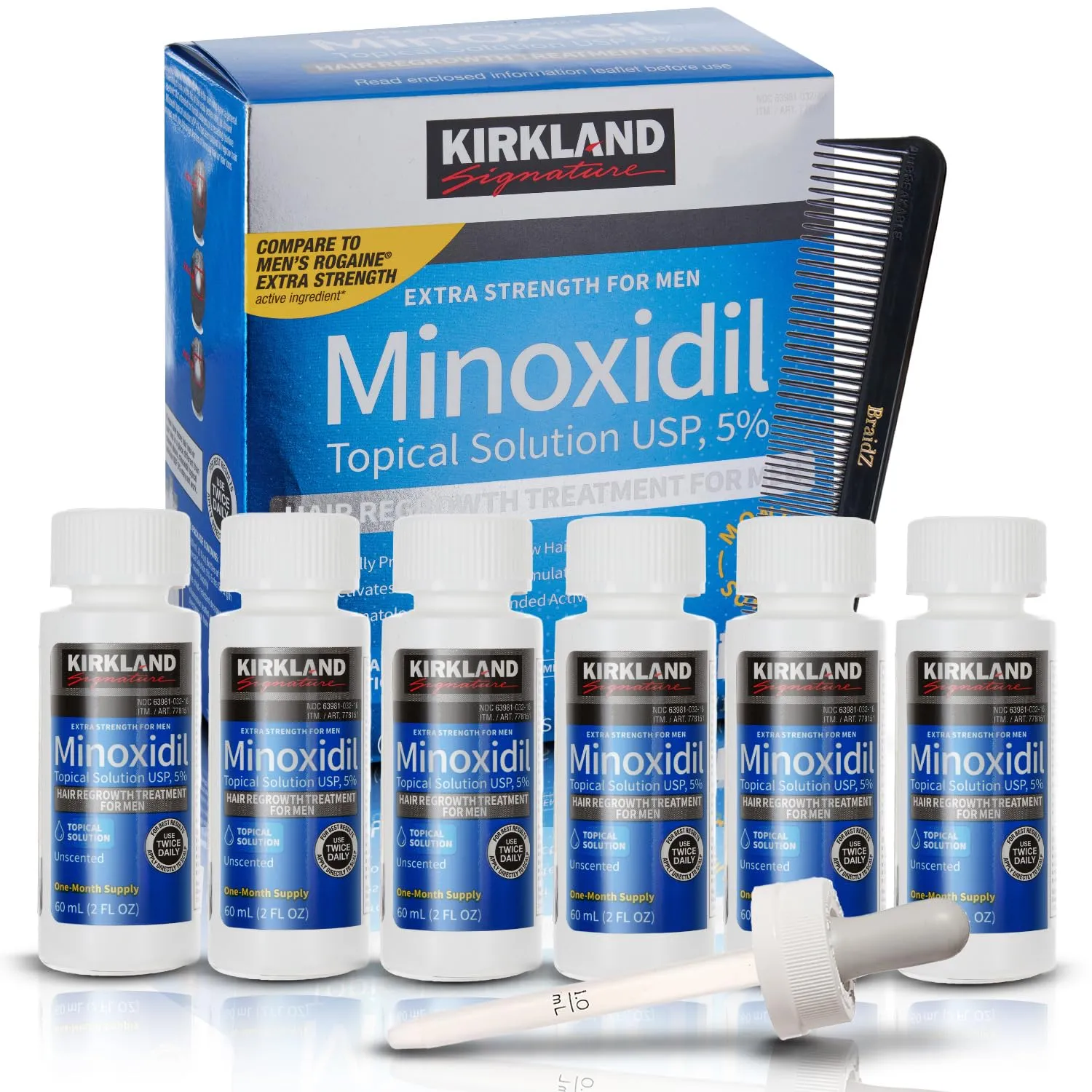 Minoxidil For Men 5% Topical Solution For Hair Regrowth Treatment 6 Month Supply 6 X 2 Fl Oz With A Braidz Comb for Kirkland Minoxidil