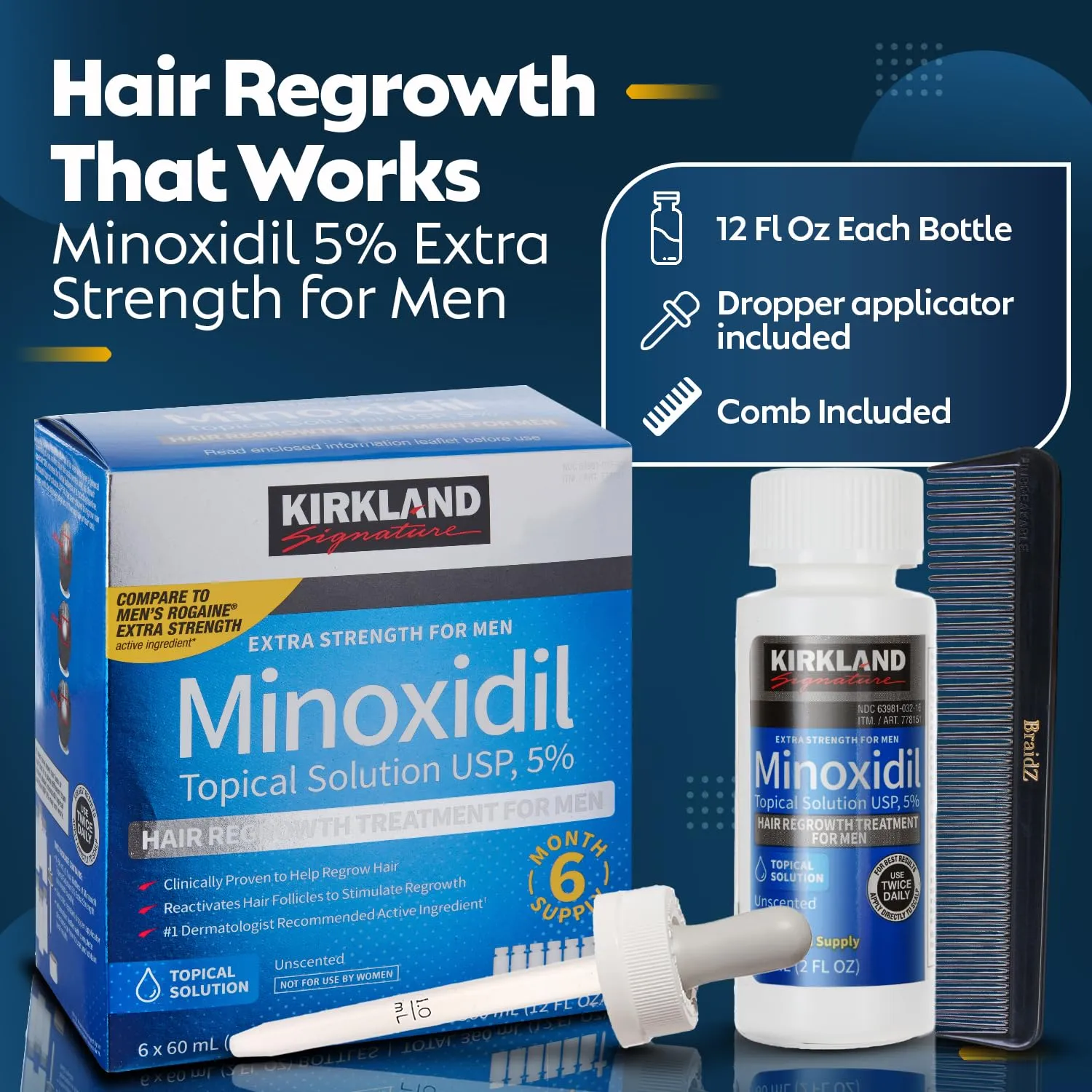 Minoxidil For Men 5% Topical Solution For Hair Regrowth Treatment 6 Month Supply 6 X 2 Fl Oz With A Braidz Comb for Kirkland Minoxidil