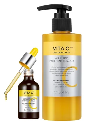 MISSHA VITA C Plus SPOT Correcting & Firming Ampoule   Vita C All-In-One Bubble Foam Facial Cleanser– Korean Skincare Duo with 99% Pure Vitamin C for Deep Pore Detox, Spot Correction, and Firming