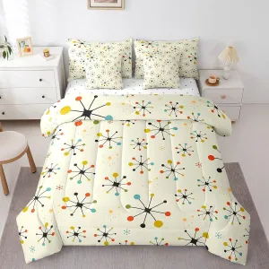 Modern Mid Century Bedding Full Size 7pcs Retro Atomic Comforter Set, Rainbow Grid Bedding Comforter Sets Vintage Fifties 1950s Bed in a Bag, Aesthetic Abstract Art Bedding Accessories Beige