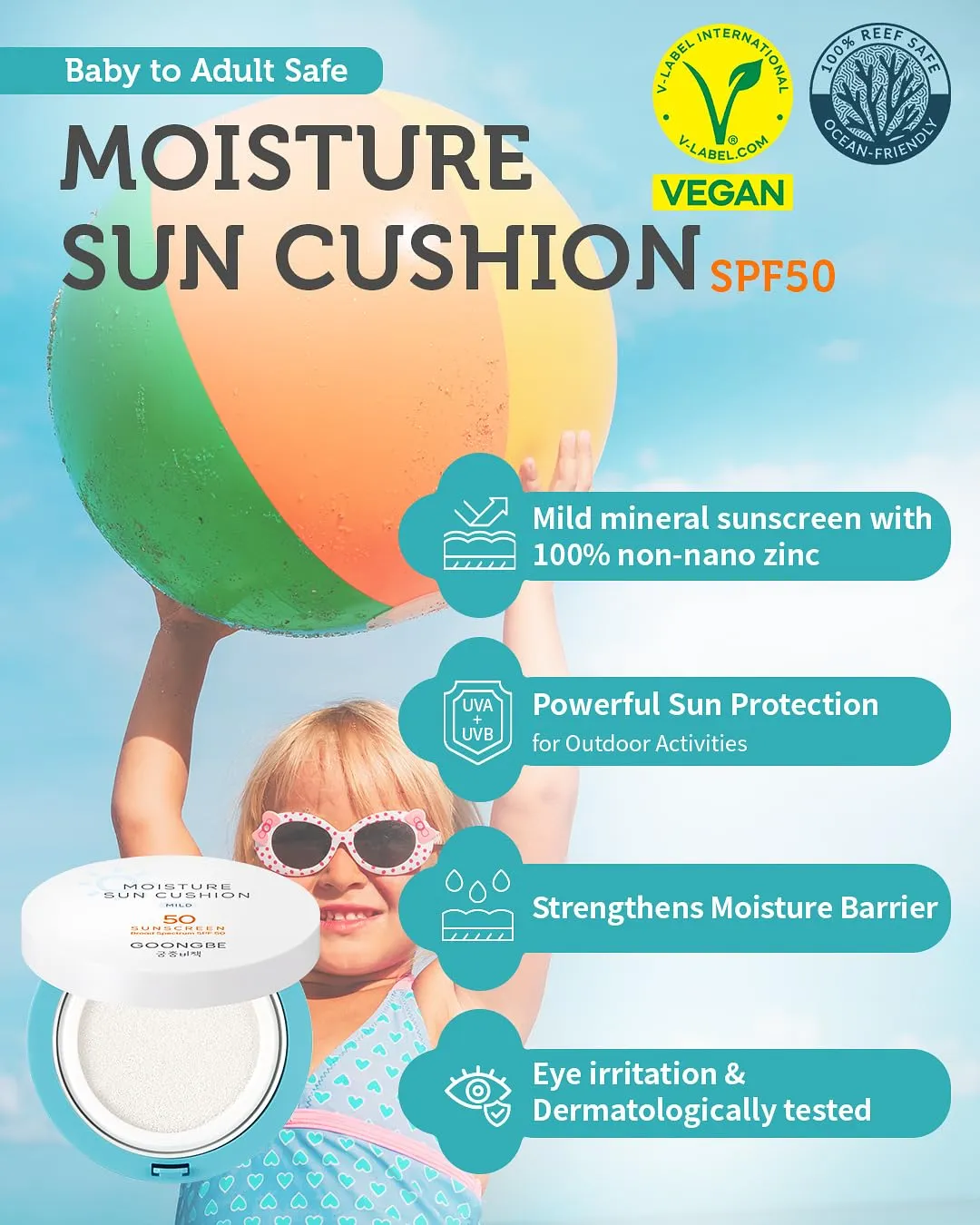 Moisture Sun Cushion Mild SPF 50 - Korean Moisturizing & Soothing Zinc Oxide Mineral Sunscreen - Travel Friendly Sun Cushion for Babies & Kids - Vegan, Reef-Safe, Allergen-Free, 0.81oz.