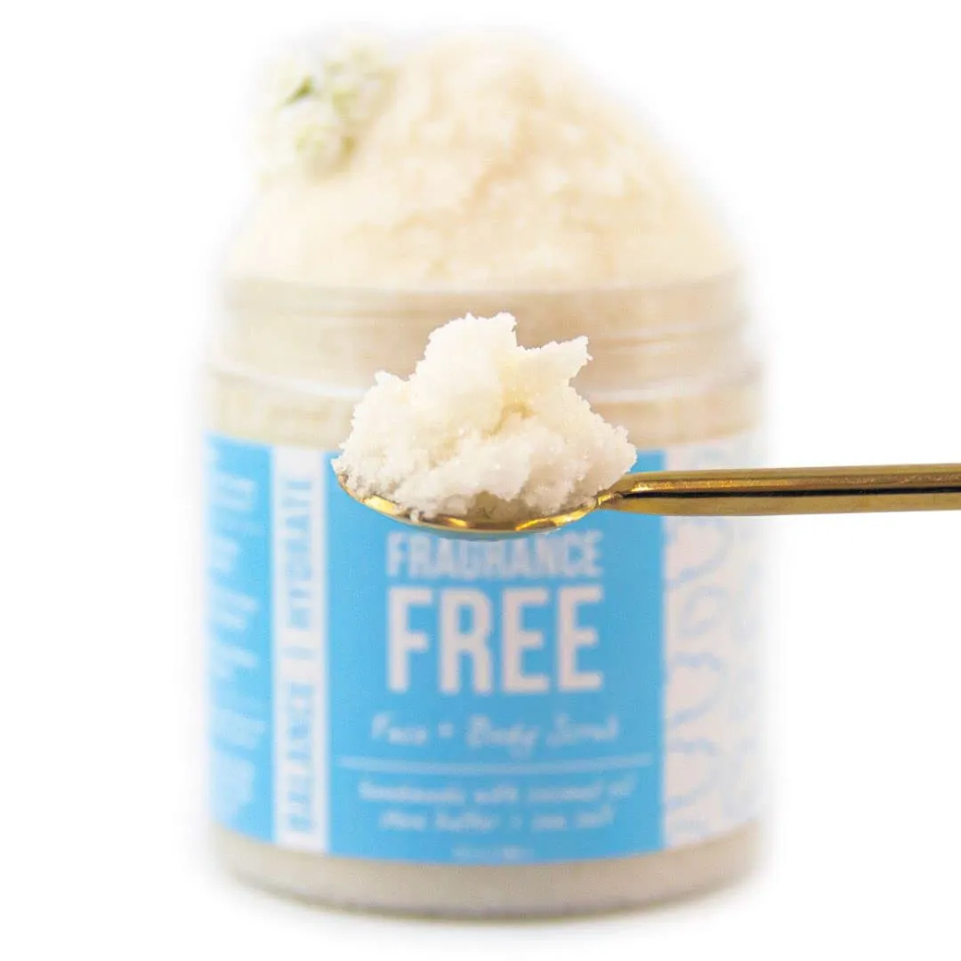 Mojo Spa Fragrance Free Face and Body Scrub | No Scent, Vegan Friendly | Moisturizing Sugar Based Exfoliator for Sensitive Skin | 10 oz