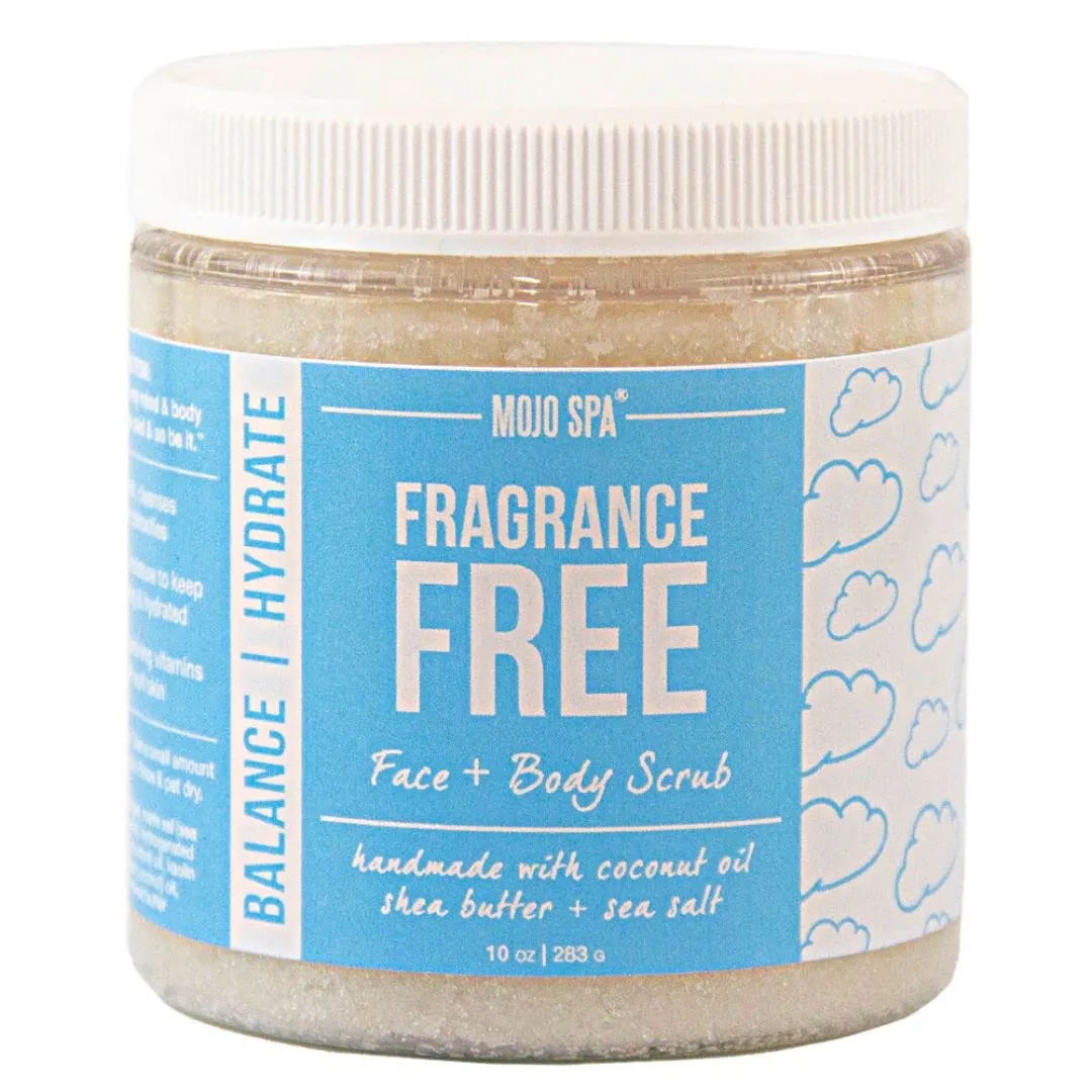 Mojo Spa Fragrance Free Face and Body Scrub | No Scent, Vegan Friendly | Moisturizing Sugar Based Exfoliator for Sensitive Skin | 10 oz